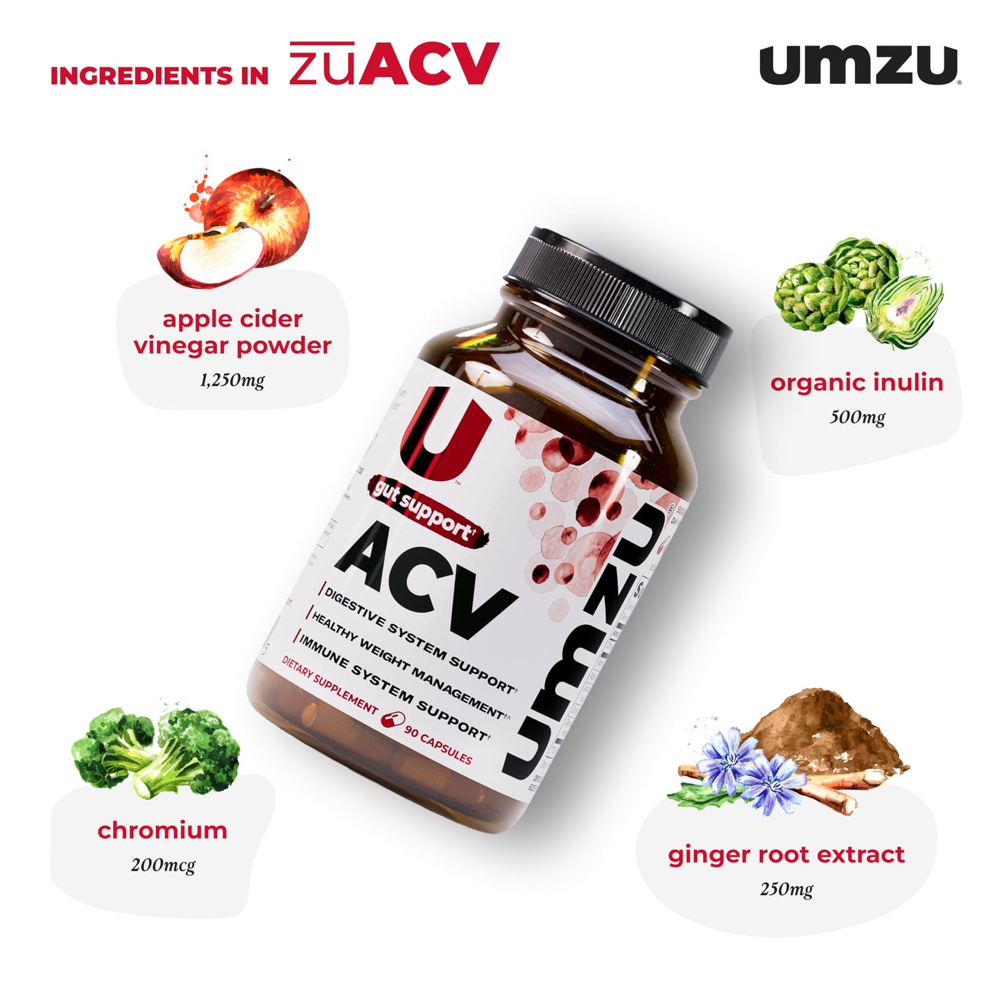 UMZU zuACV Apple Cider Vinegar + Prebiotics Capsules, 90 Count