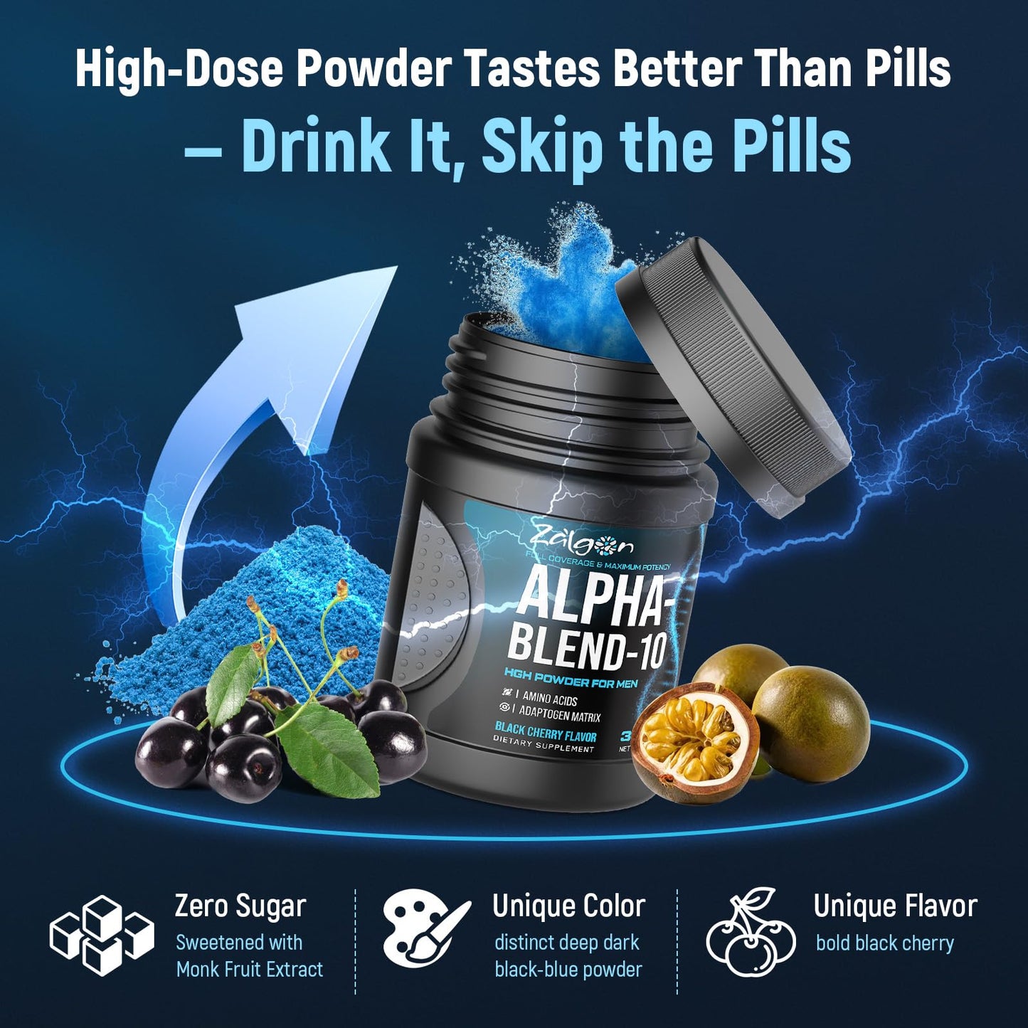 Zalgon HGH Supplements for Men, Testosterone Booster, Belly Fat Burner & Muscle Builder Powder, Black Cherry Flavor, 300 g (30 Servings)
