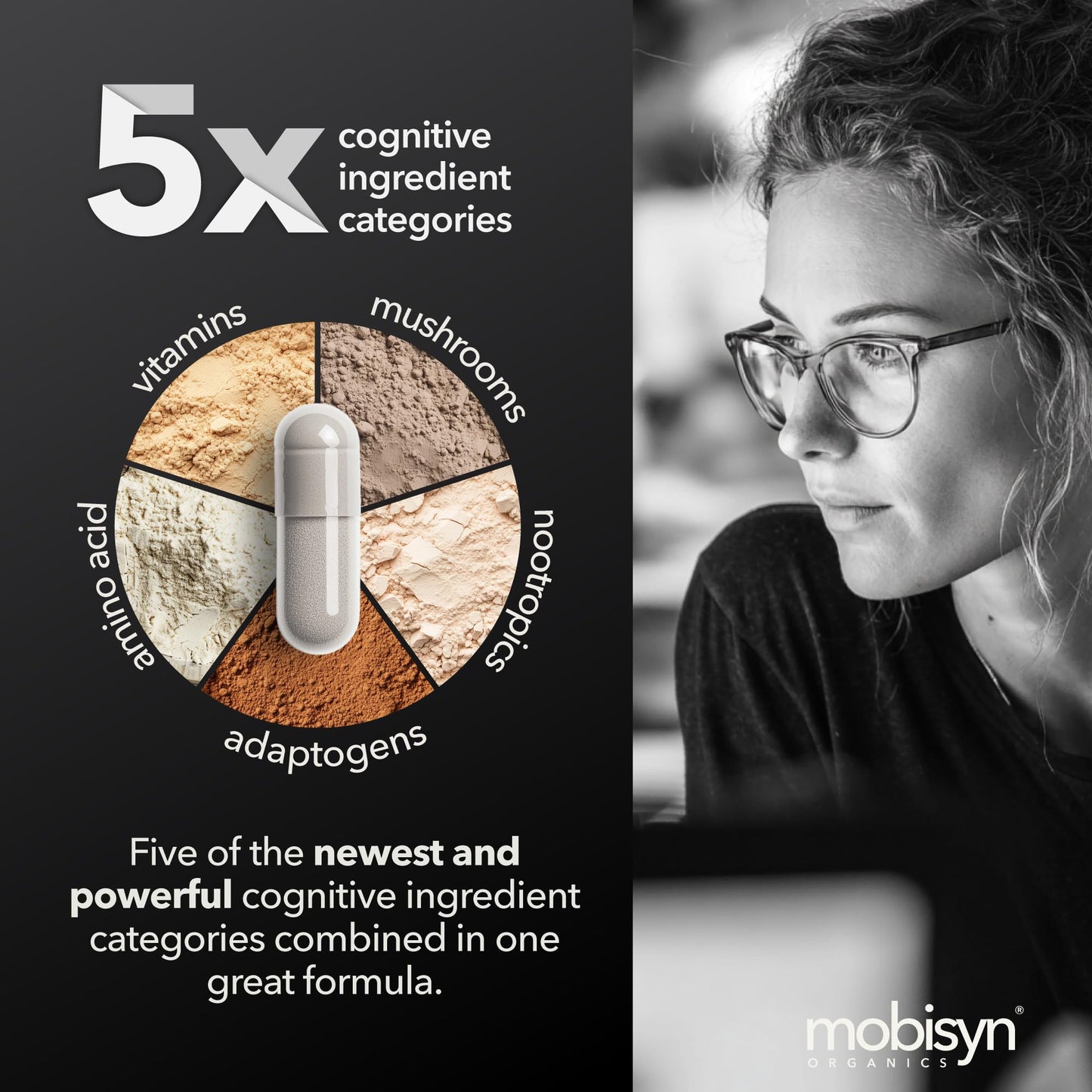 Mobisyn Lion's Mane Adaptogenic Mushrooms Nootropics Brain Support Capsule 90 Count