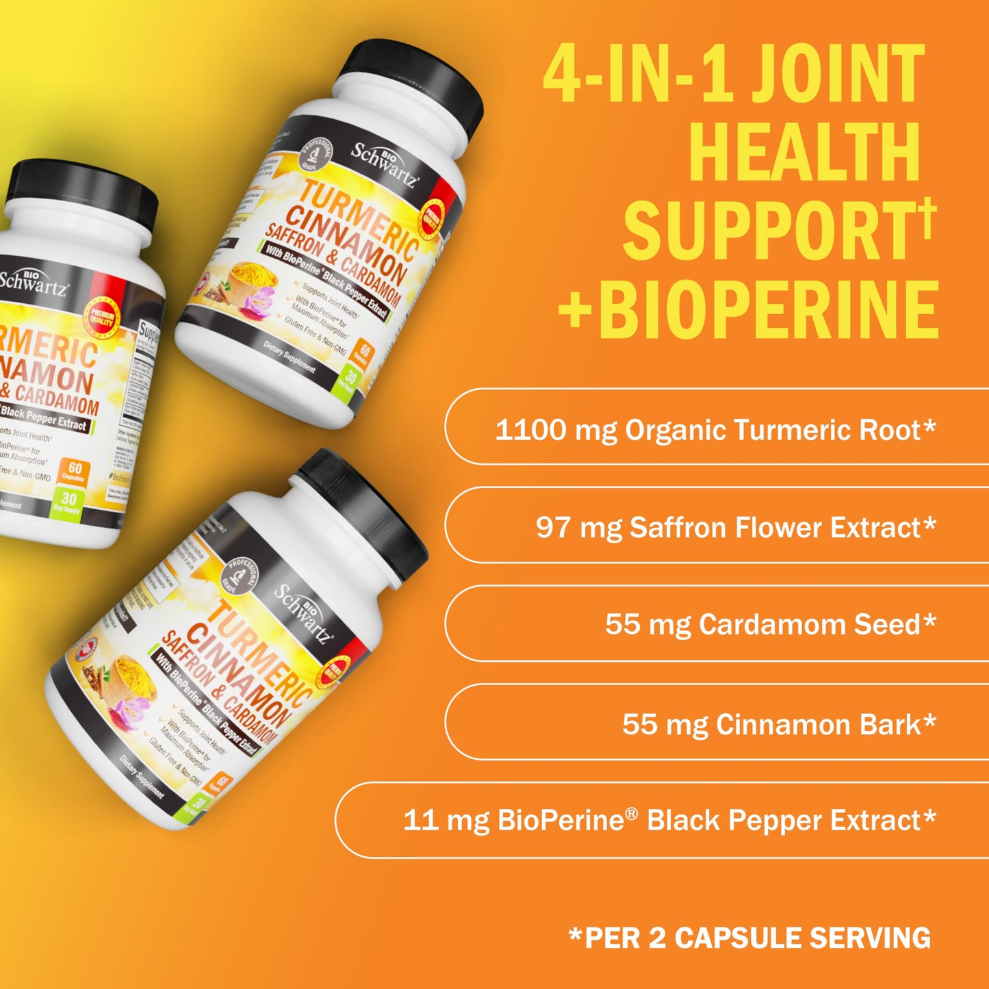BioSchwartz Turmeric Supplement with Saffron, Cinnamon and Cardamom Plus BioPerine Black Pepper Extract for Optimal Absorption, 60 Capsules