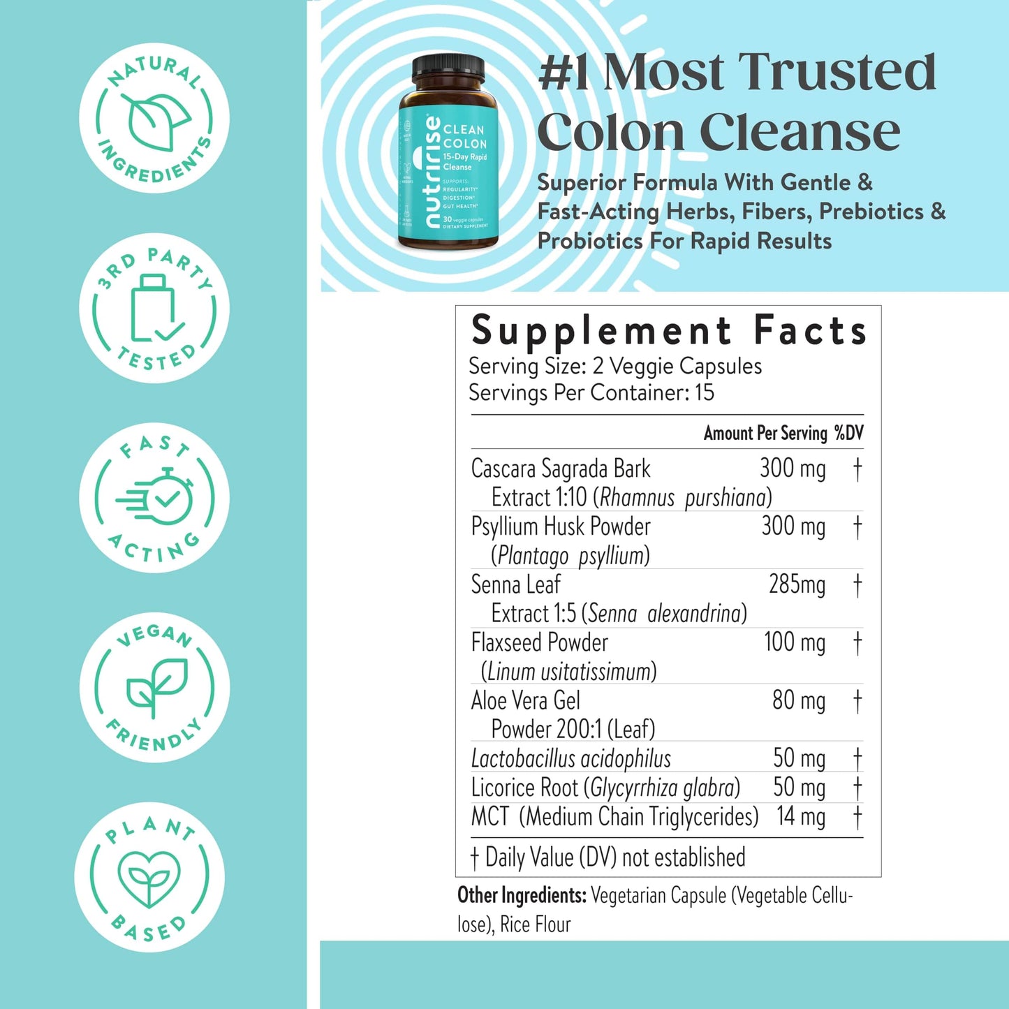 NutriRise 15 Day Quick Colon Cleanse for Gut Health Capsules, 30 Capsules