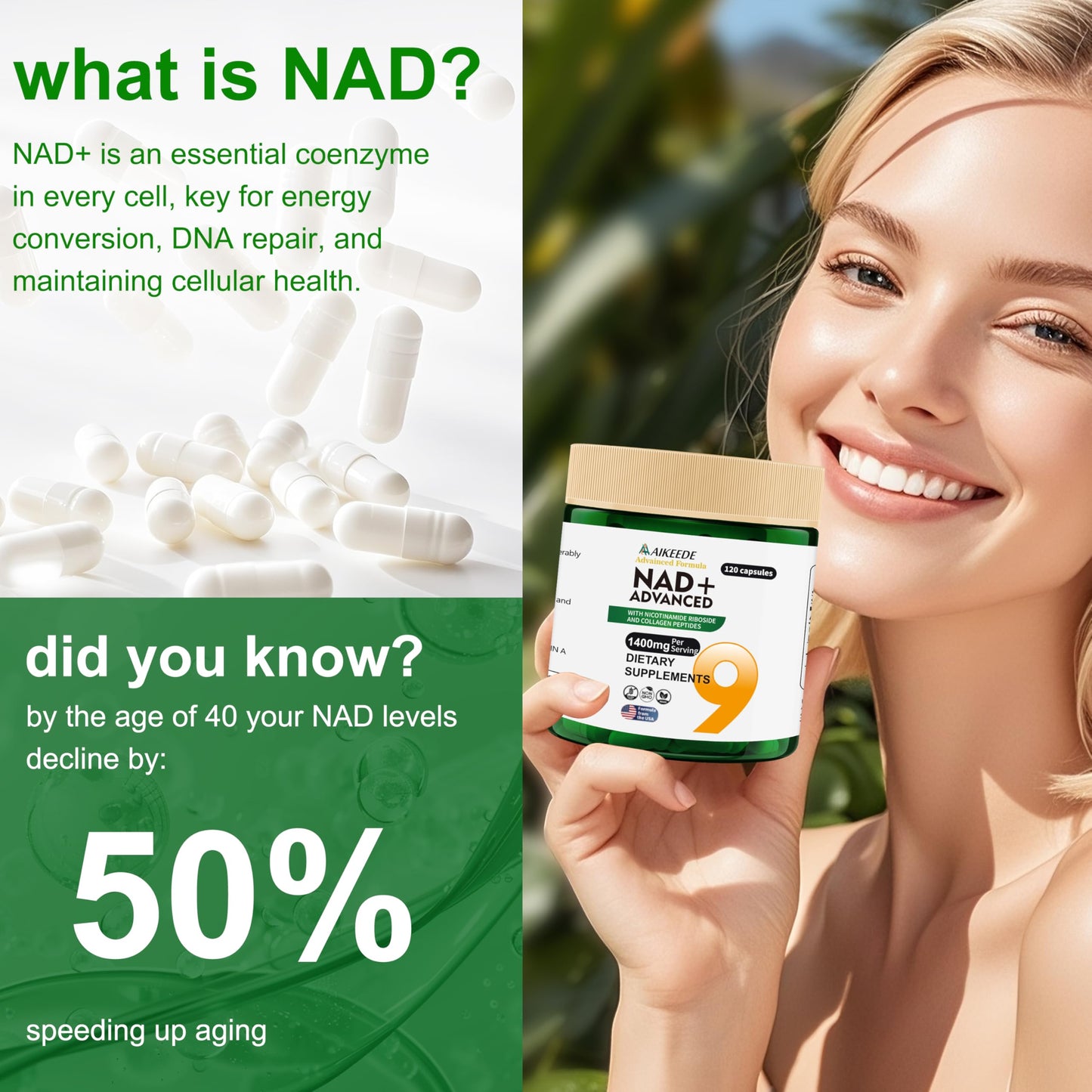 AIKEEDE NAD+ Liposomal with Resveratrol Capsules, 120 Count