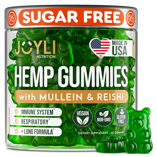 JOYLI Nutrition Hemp Gummies - Natural Lung Cleanse with Mullein Leaf & Reishi Mushroom - Extra Strength Clean Lung Support Supplement with Vitamins A, C, D & E - Sugar-Free, Vegan, Non-GMO, 60 Gummies