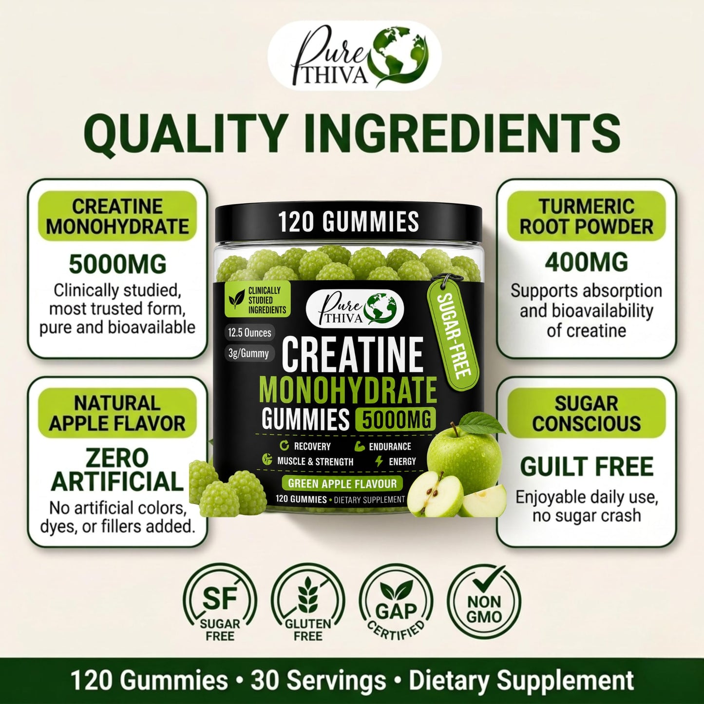 PureThiva Creatine Monohydrate Gummies 5000mg 120 Count