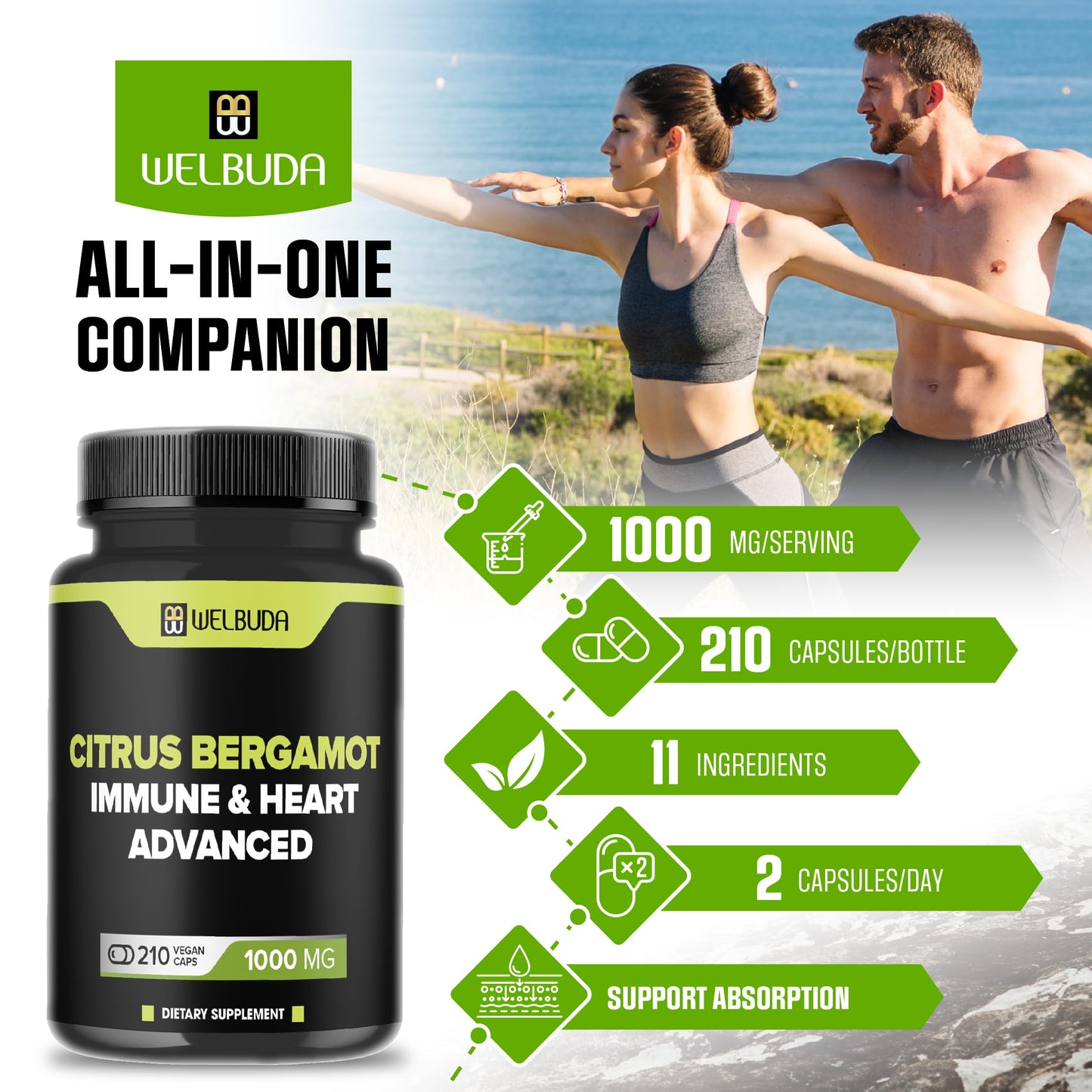 WELBUDA Citrus Bergamot with Olive Leaf, Hawthorn Berry & More - Combined Formula for Circulatory Health, Protective Function, Skin Health Capsules 210