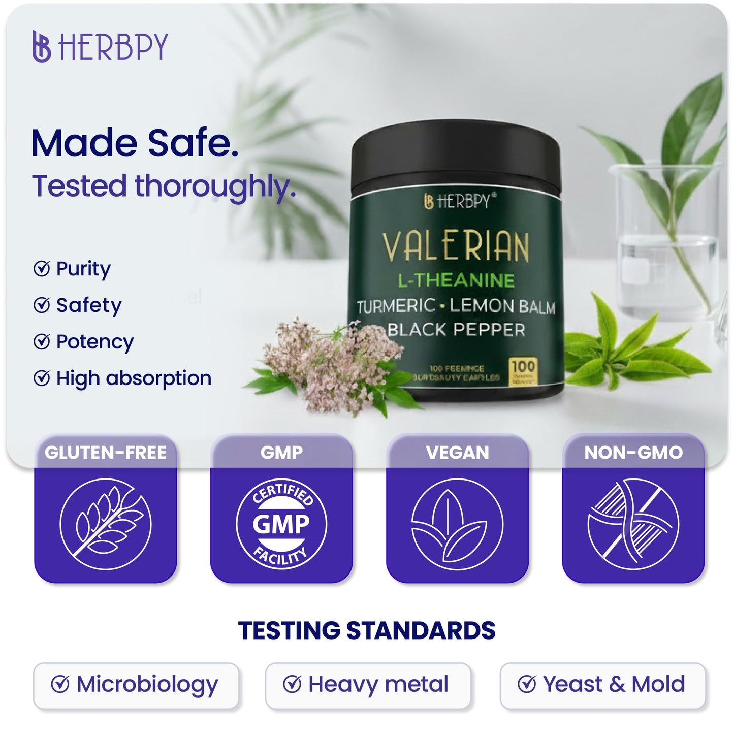 Herbpy 5in1 Valerian Root Capsules with L-Theanine, Lemon Balm, Turmeric & Black Pepper, 100 Count