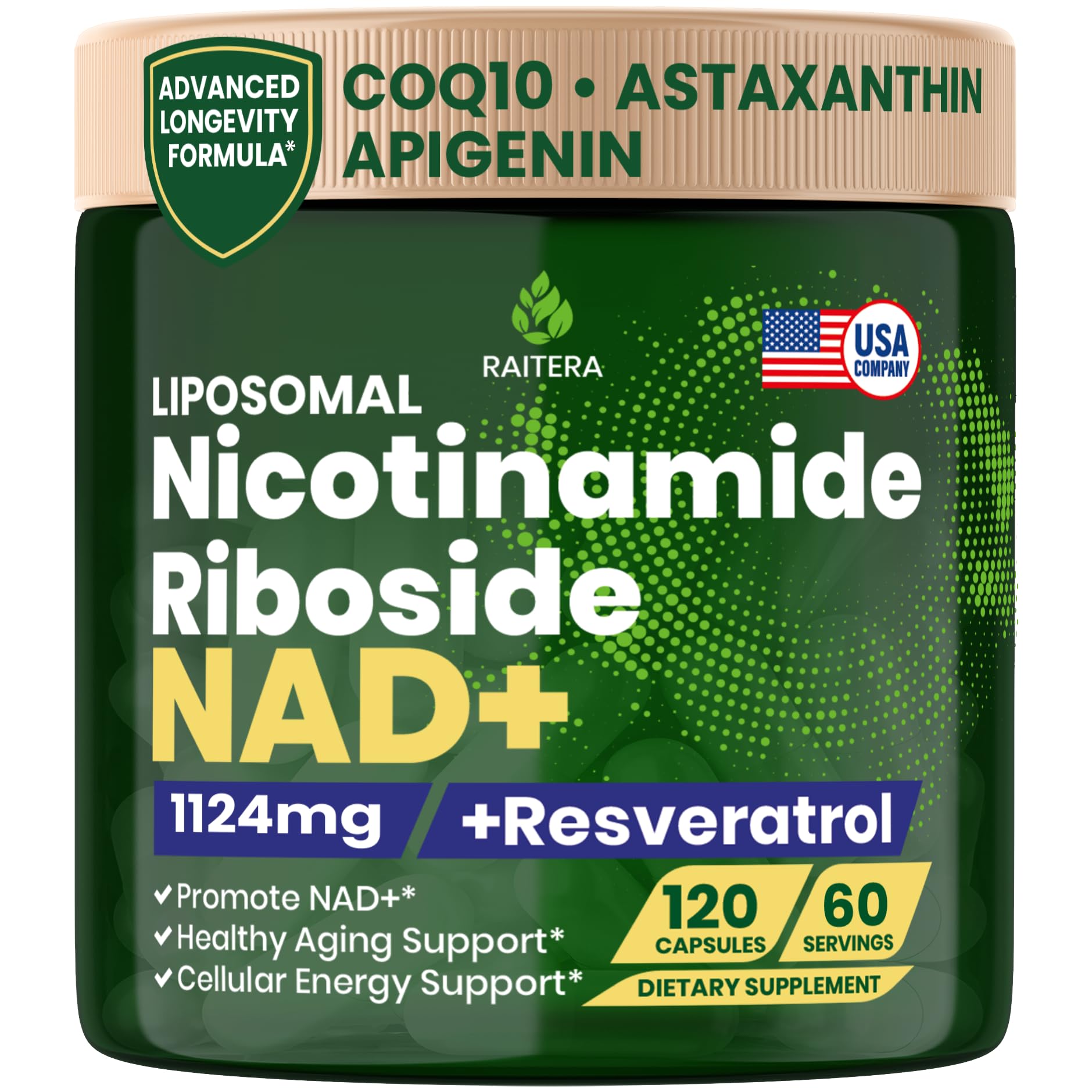 Raitera NAD+ Supplement with Nicotinamide Riboside, Resveratrol & Quercetin, 120 Capsules
