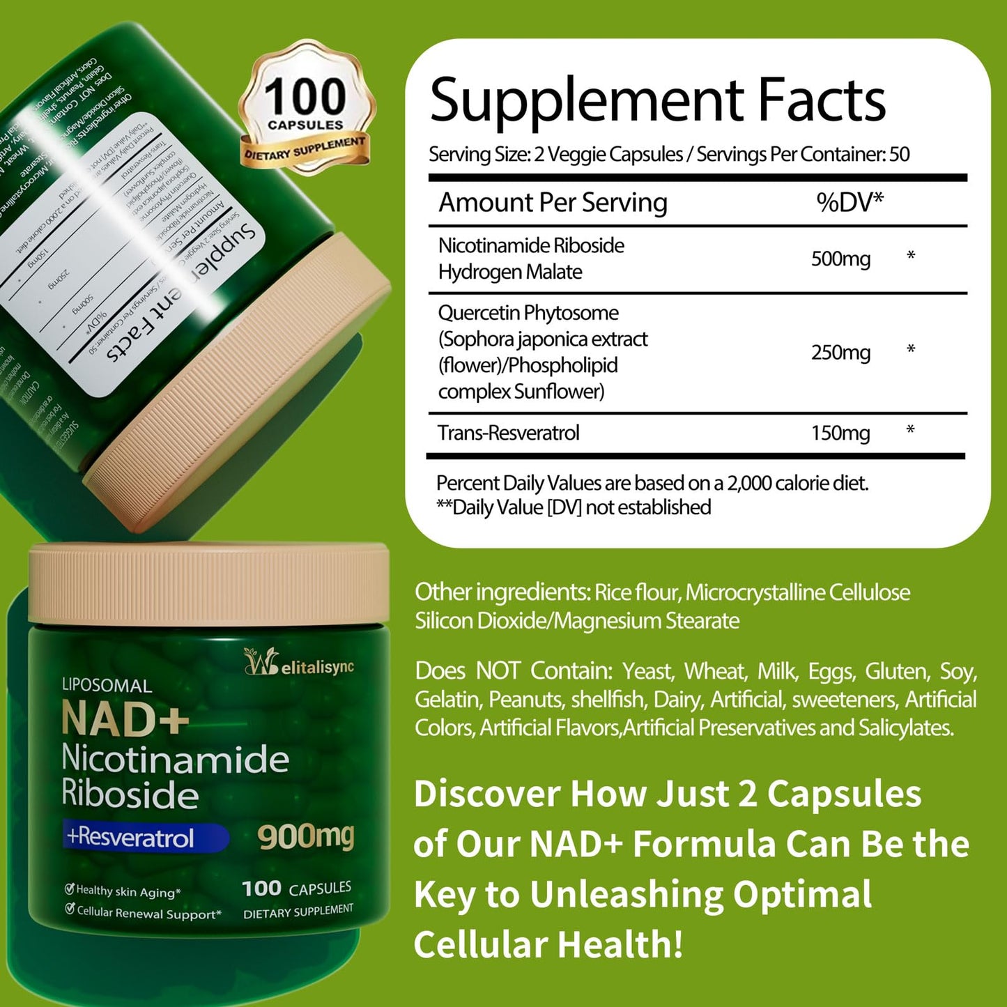 Welitalisync Premium NAD+ Supplement - Nicotinamide Riboside & Resveratrol 900mg – Fast-Absorbing Cellular Renewal Capsules for Energy, Anti-Aging & Brain Health – 200 Capsules