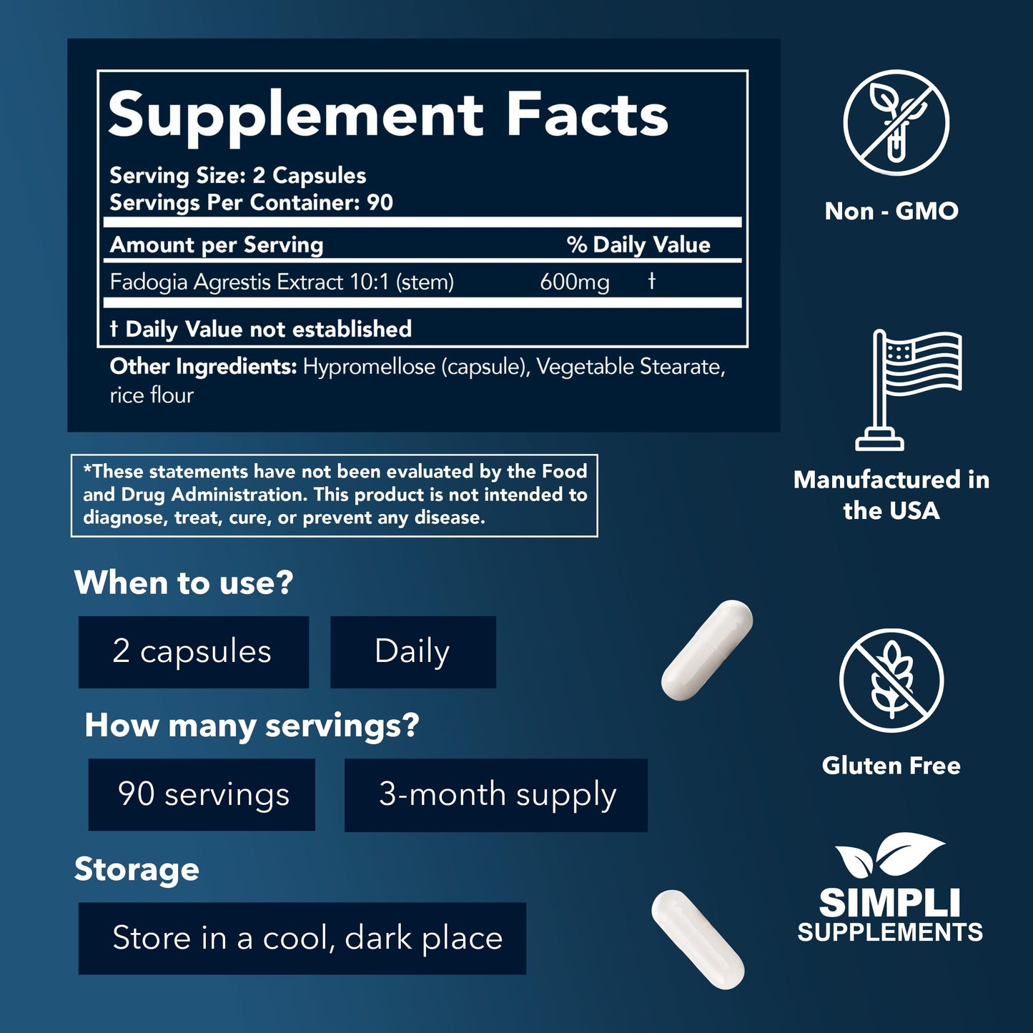 Simpli Supplements Fadogia Agrestis 600mg for Natural Testosterone Support, 180 Capsules