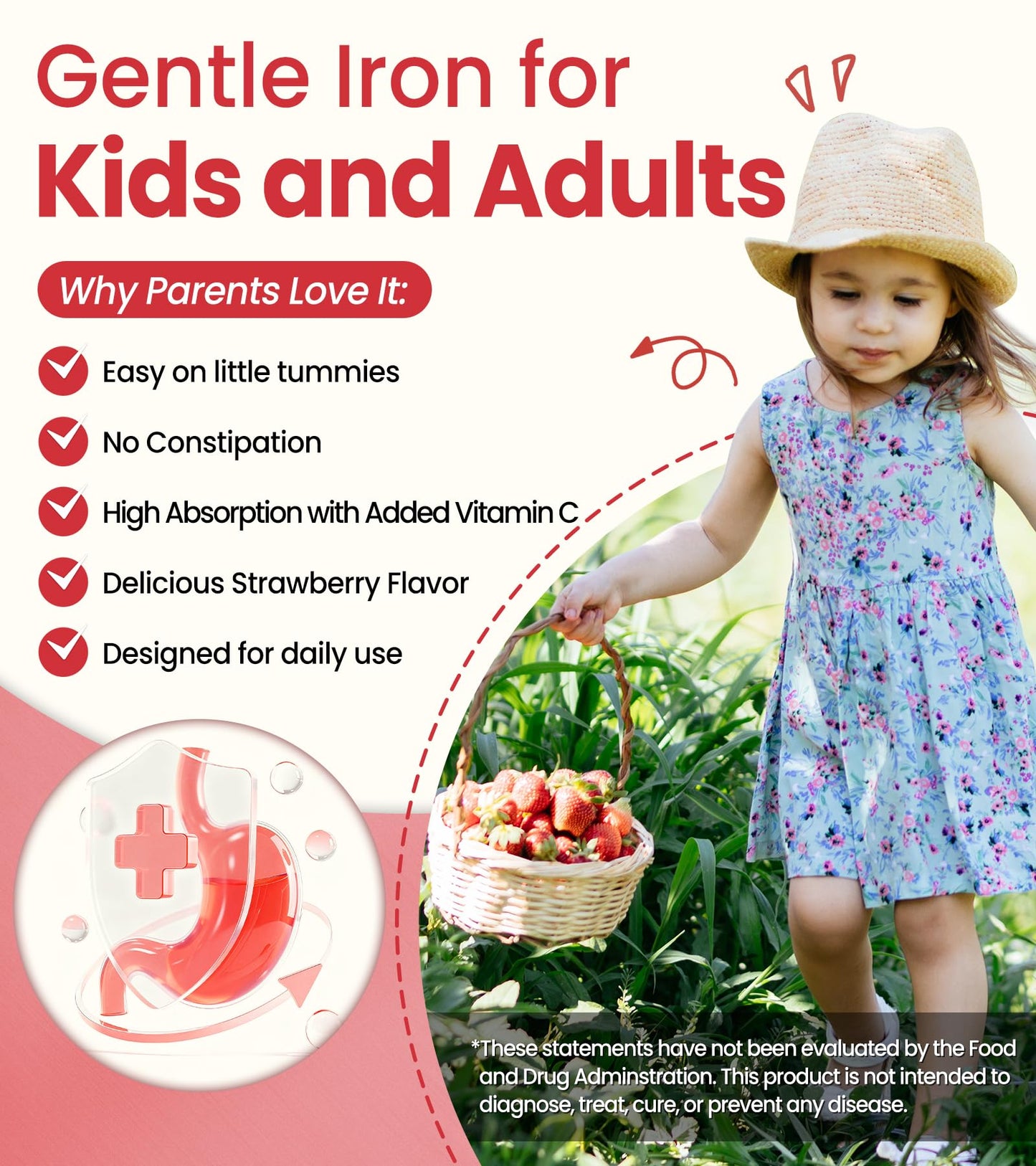 Yheso Kids Iron Capsules 20 mg with Vitamin A, C, B6 & Lutein – Sugar Free Children’s Multivitamin for Daily Nutrition – Strawberry Flavor, 120 Capsules