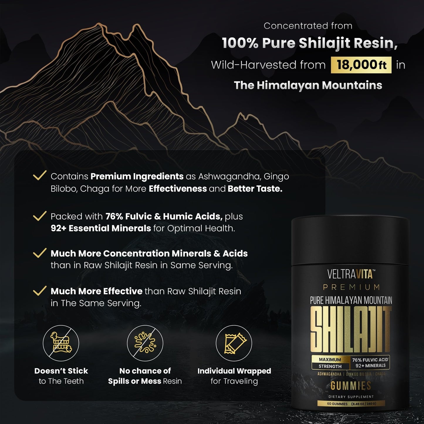 VeltraVita Pure Himalayan Shilajit Gummies with Ginkgo Biloba, Chaga & KSM-66 Ashwagandha, 60 Gummies