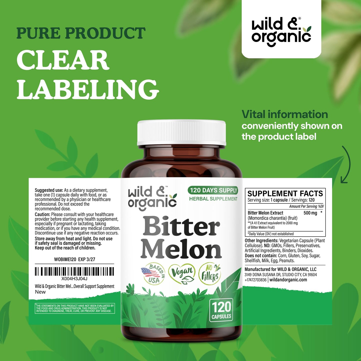 Wild & Organic Bitter Melon 500 mg Capsules, 120 Count