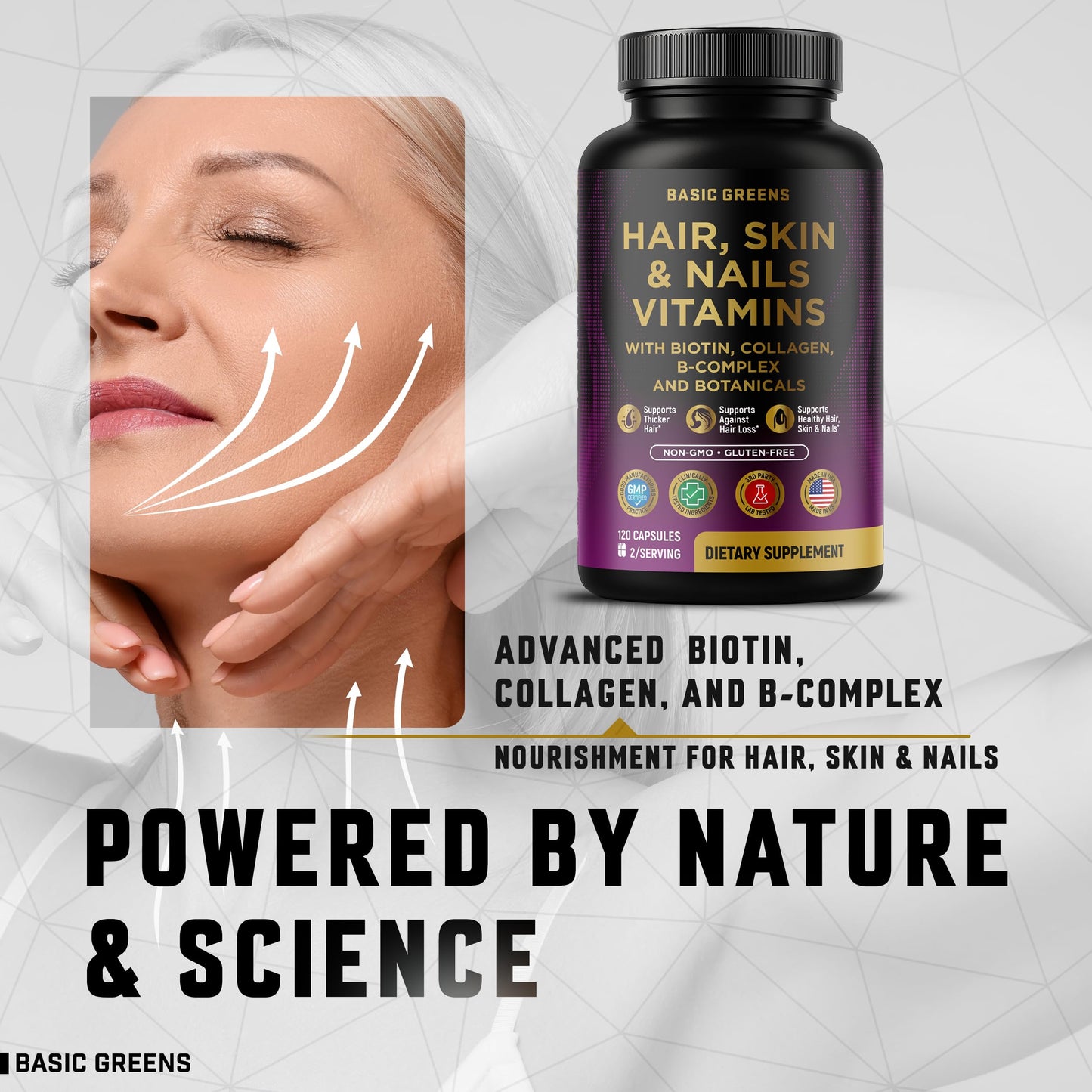 BASIC GREENS Hair, Skin & Nails Vitamins with Biotin 10000 mcg, Collagen & B-Complex – Supports Healthy Hair, Glowing Skin & Strong Nails – Non-GMO, Gluten-Free, 120 Capsules