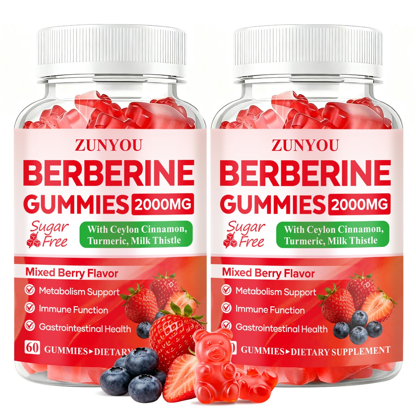 ZUNYOU Berberine 2000mg with Ceylon Cinnamon Gummy, 120 Gummies