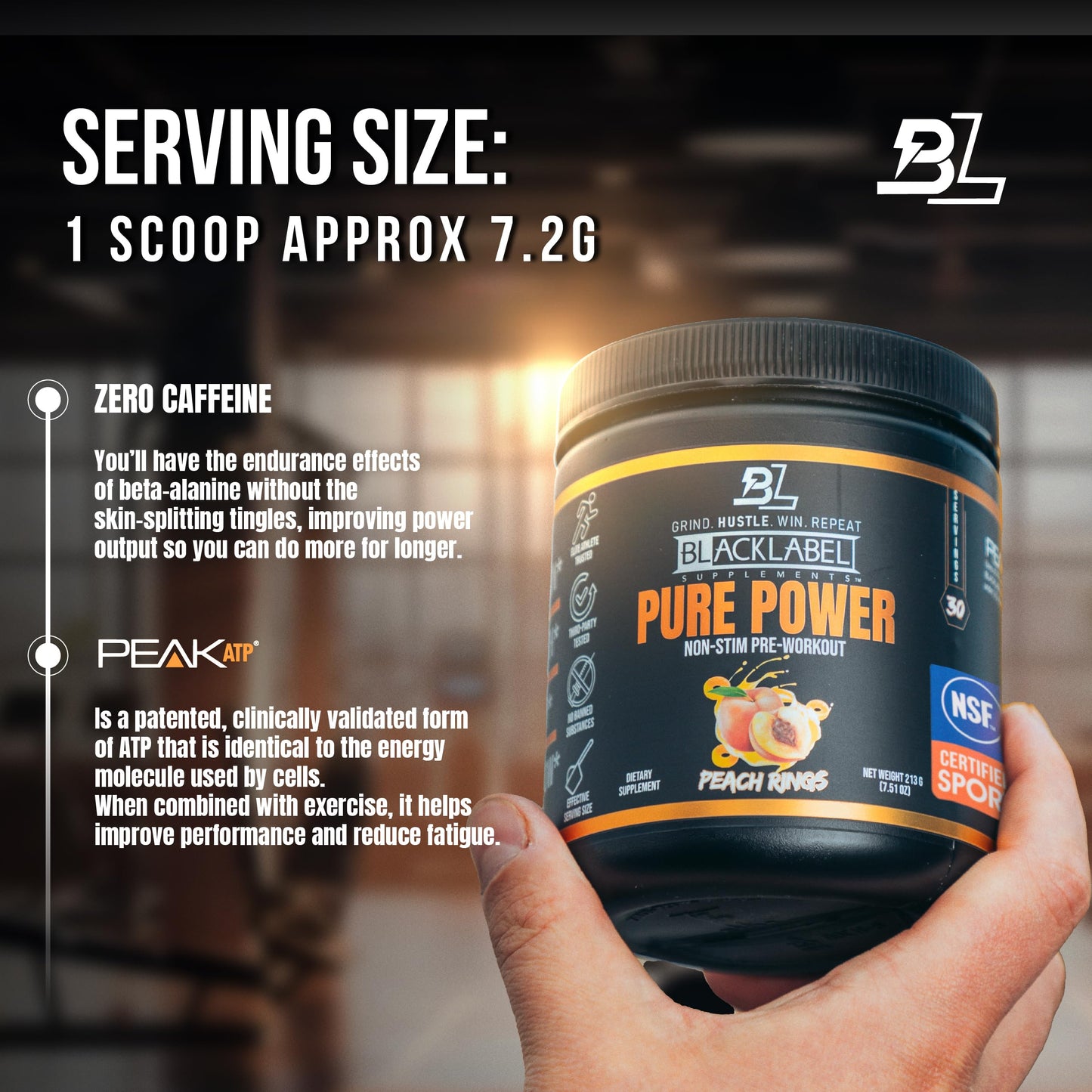 BLACKLABEL Supplements Blacklabel Pure Power NSF Certified for Sport Pre-Workout Peach Rings Powder, 8.22 oz
