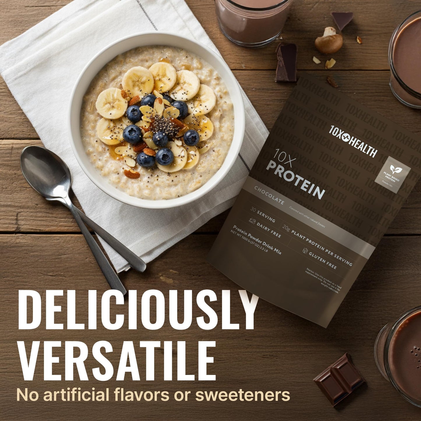 10X Health System Vegan Protein Powder - Plant-Based Protein Powder with 20g Protein per Serving, Dairy Free, Gluten Free, Chocolate Flavor, 37 Servings