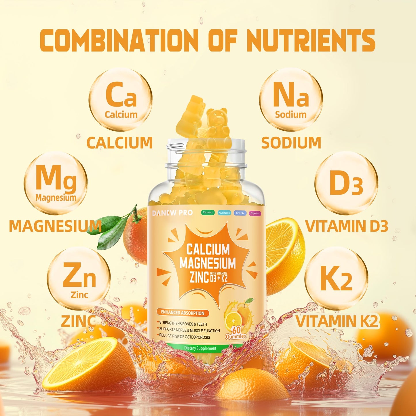 DANEW Pro Calcium Magnesium Zinc Gummies with Vitamin D3 & K2, High Potency Enhanced Absorption, 60 Gummies