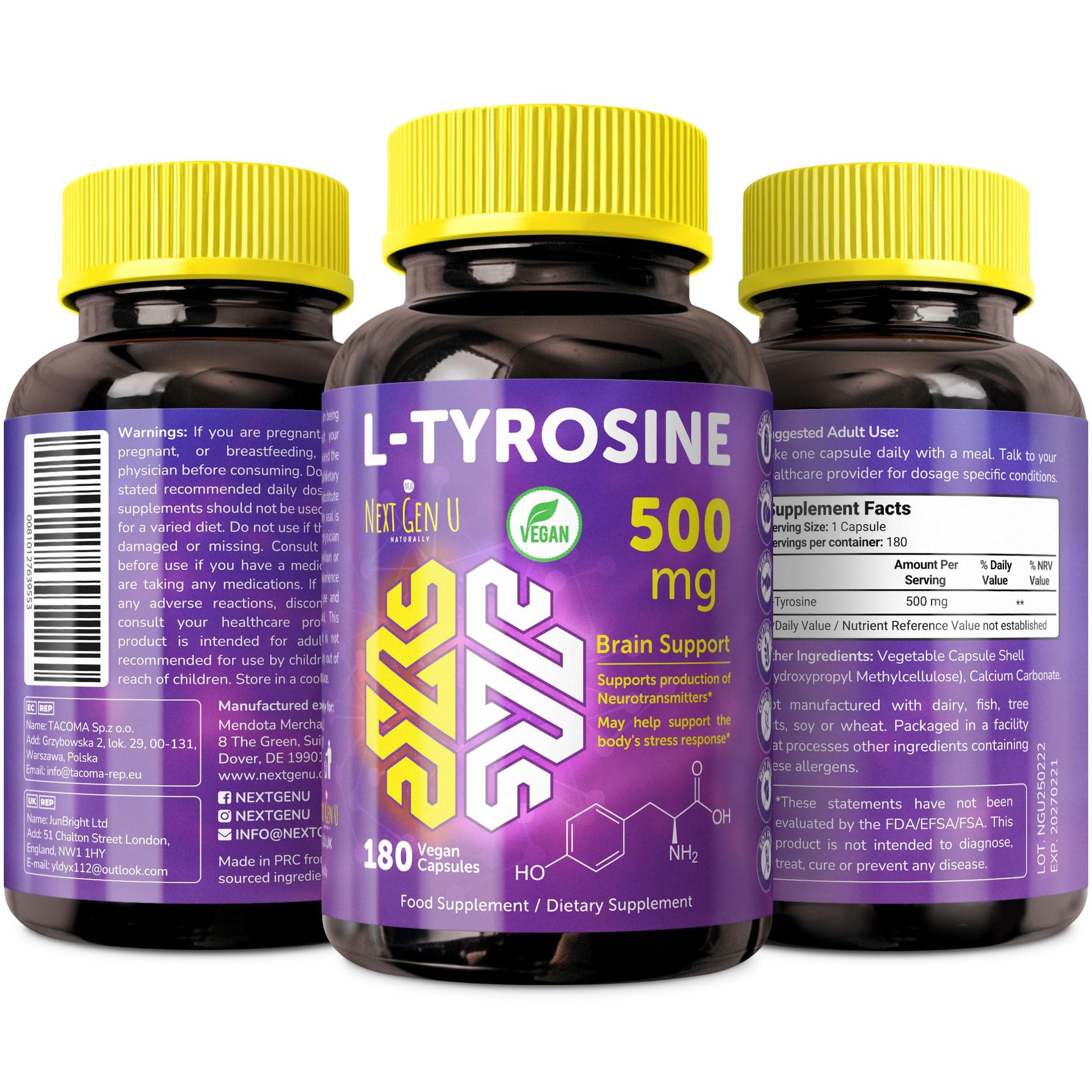 NGU Next Gen U L-Tyrosine 500 mg Capsules, 180 Count