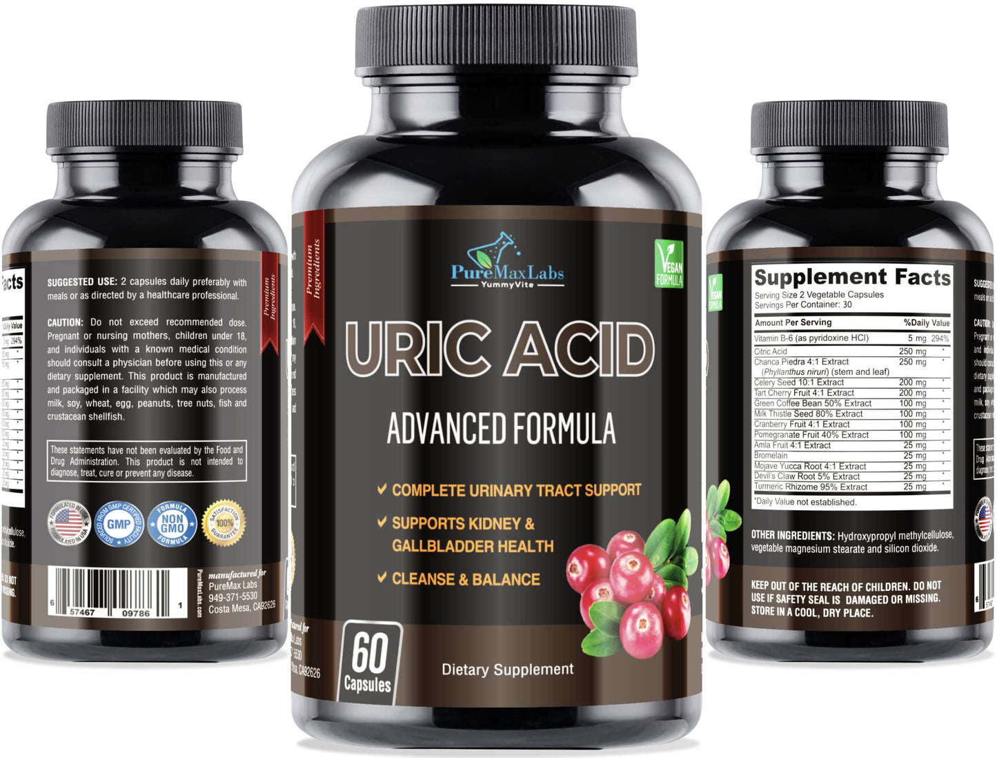 YUMMYVITE Uric Acid Advanced Formula Kidney, Liver, Gallbladder, Urinary Tract Cleanse with Cranberry, Chanca Piedra, Tart Cherry, Milk Thistle and Bromelain 60 Capsules