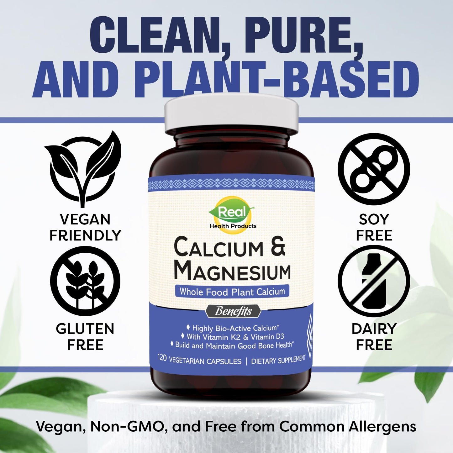 RHP Plant Calcium & Magnesium Supplement with Boron, Vitamin D3 & K2 MK-7 - Optimal Calcium-Magnesium Ratio for Bone Strength and Health, 120 Capsules