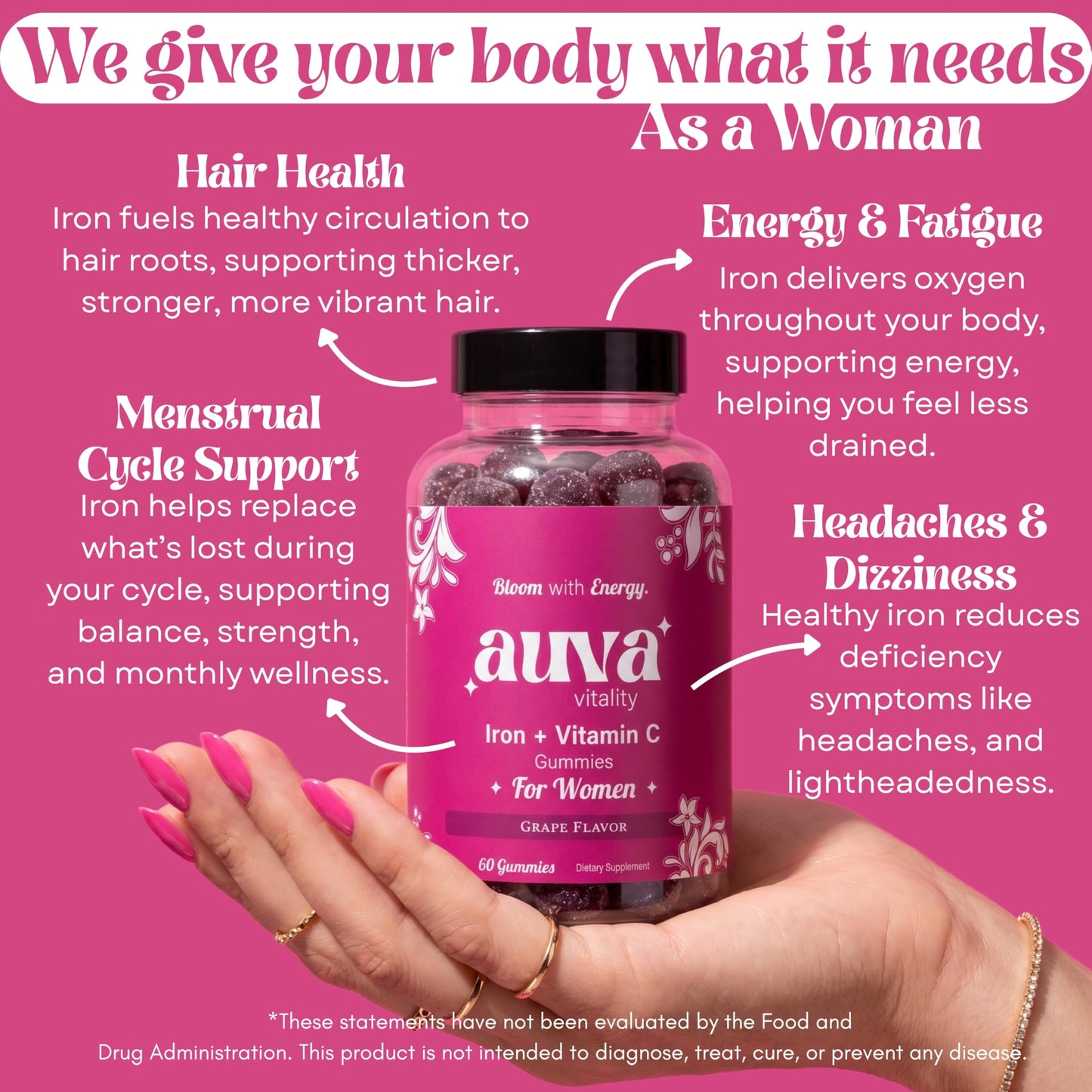 Auva Vitality Iron Gummies for Women 20mg with Vitamin C, Gummy, 60 Count