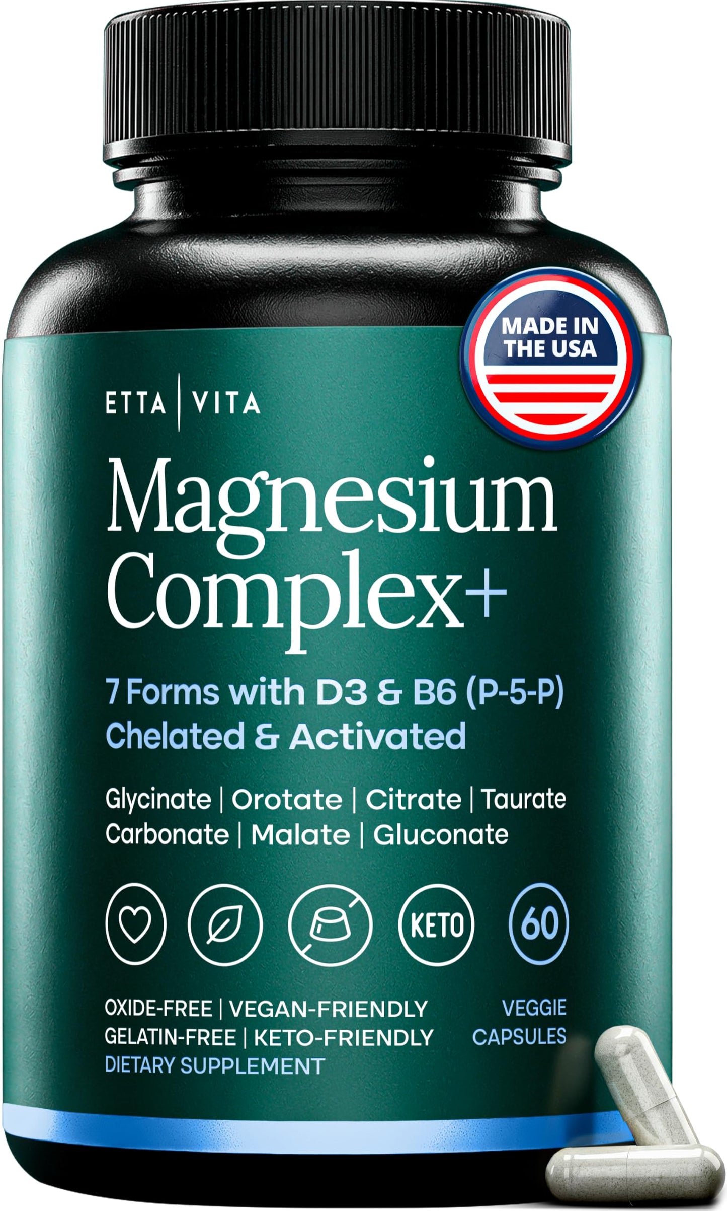 Etta Vita Magnesium Glycinate Complex 500mg, 7-in-1 with Vegan D3 Capsules, 60 Count