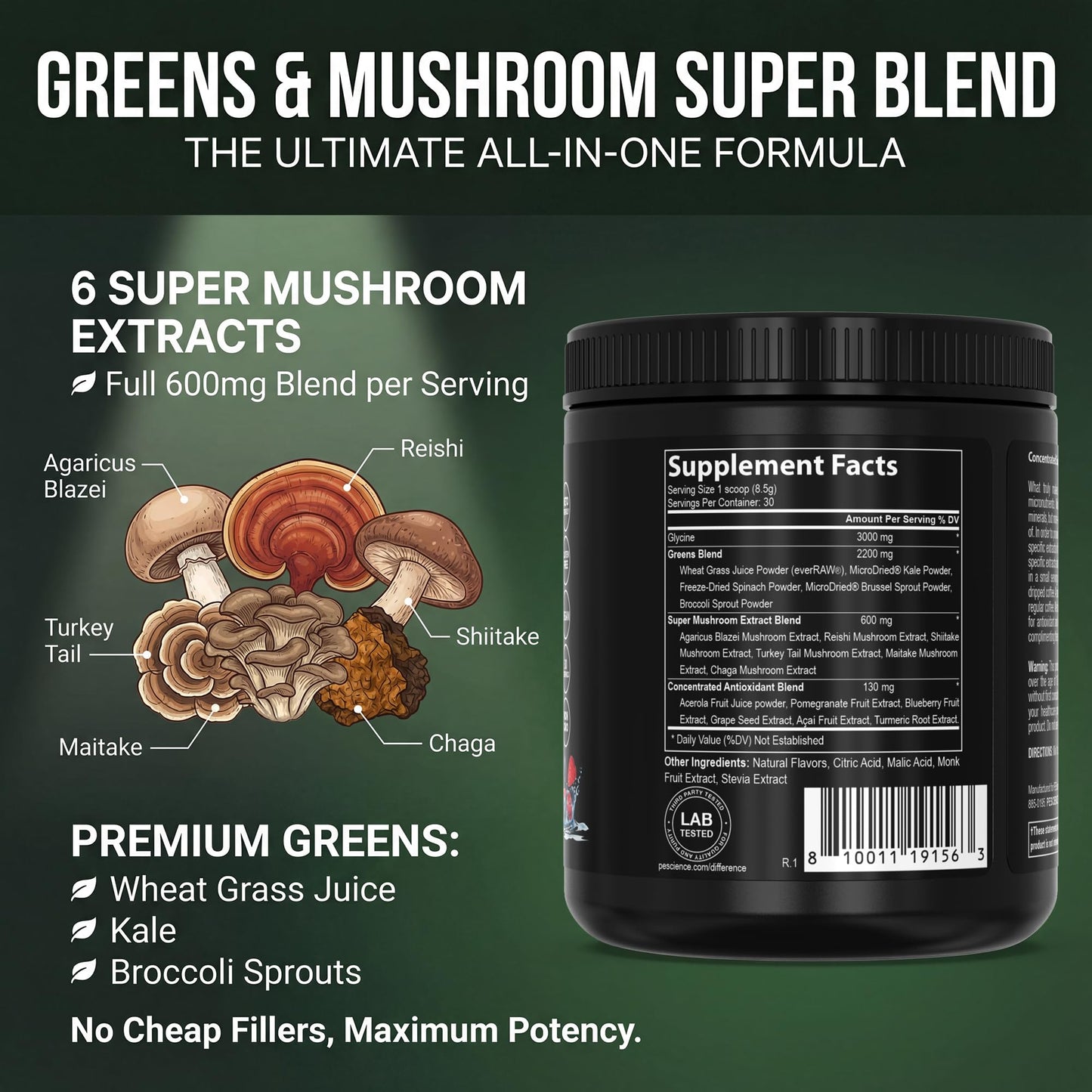 PEScience Greens Powder Superfood with Natural Chlorophyll, Reishi & Turkey Tail Mushroom Powders, Freeze-Dried Kale, Spinach, Broccoli Sprouts - Berry Flavor, 9 Ounce