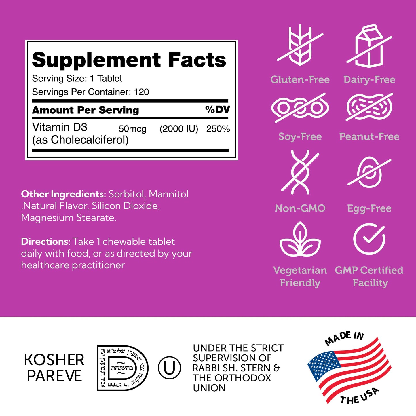 Zahler Vitamin D3 Chewable 2000IU Tablet, 120 Tablets