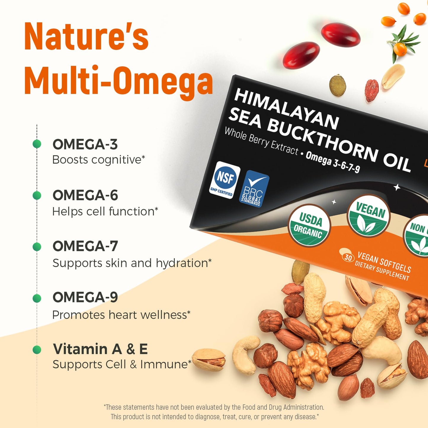 Laicuherb Organic Sea Buckthorn Oil Capsules for Brain Heart Skin & Immune, 1000mg Per Serving Omega-7-3-6-9, 30 Capsules