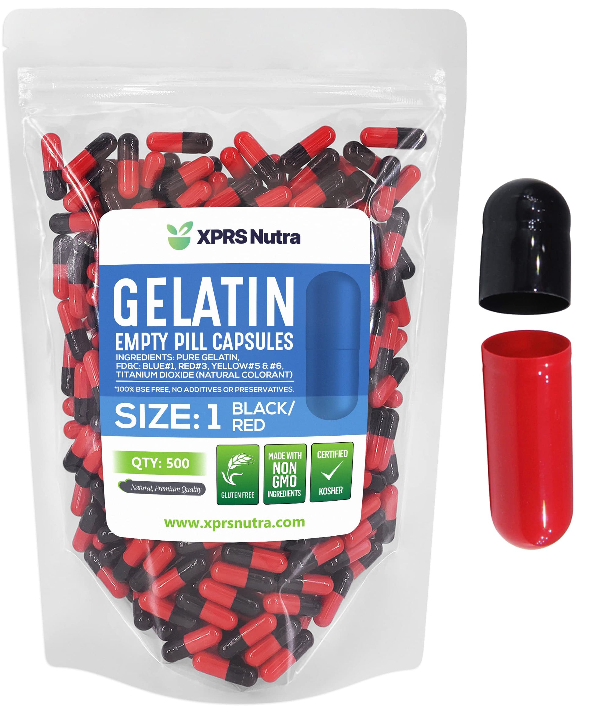 XPRS Nutra Size 1 Empty Gelatin Capsules, 500 Count, Black/Red