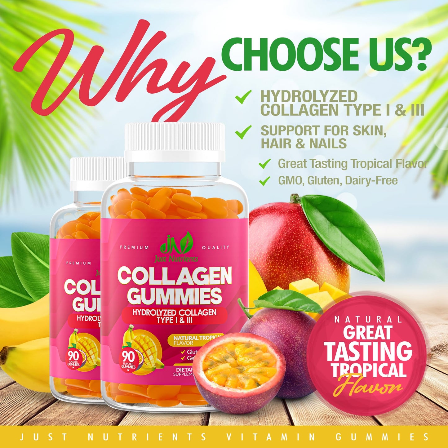 Just Nutrients Collagen Gummies, Hydrolyzed Collagen Type I & III, 90 Gummies