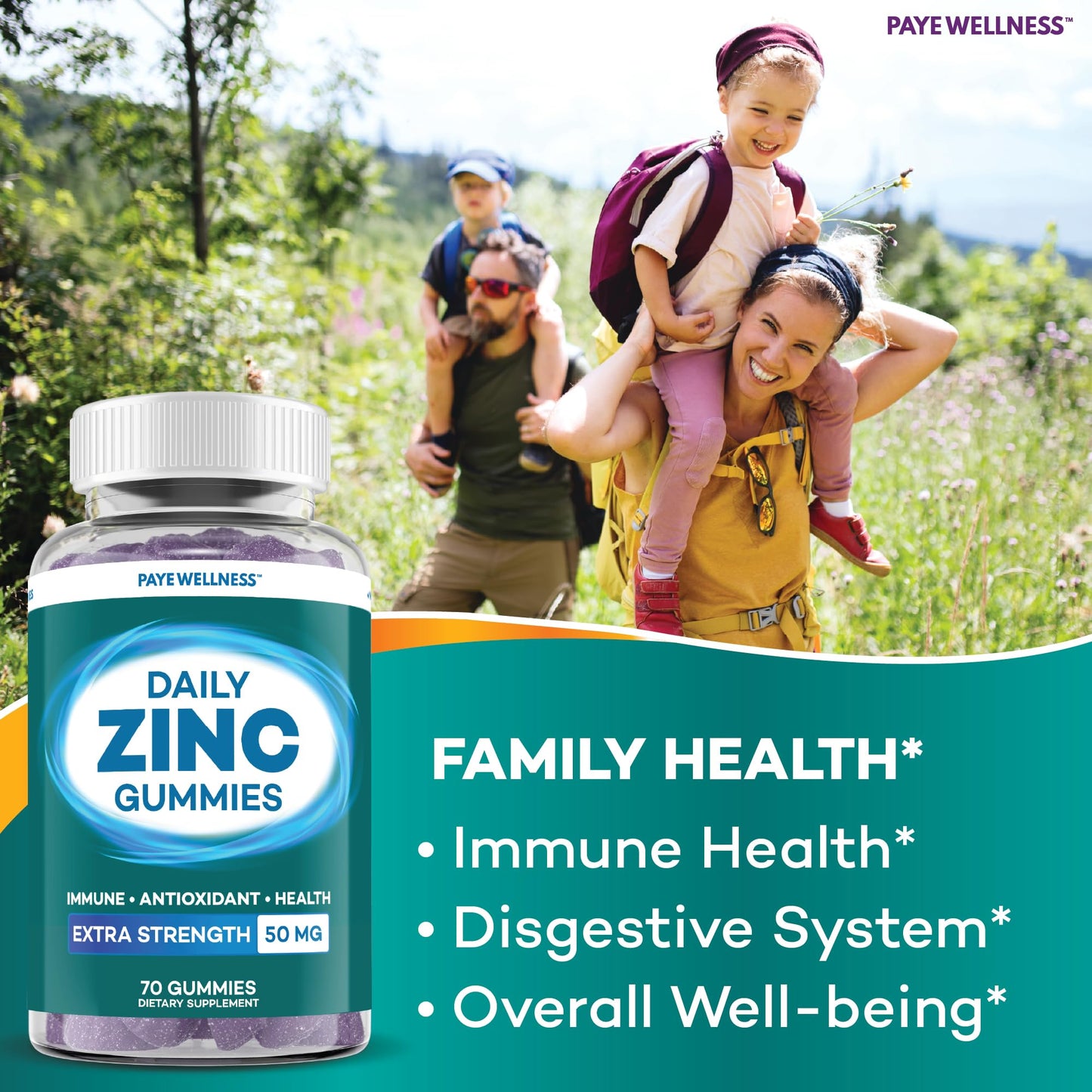 PAYÉ Zinc Gummies 50 mg, Daily Support, Immune System*, Enzyme Functions*, Natural Energy*, 70 Gummies