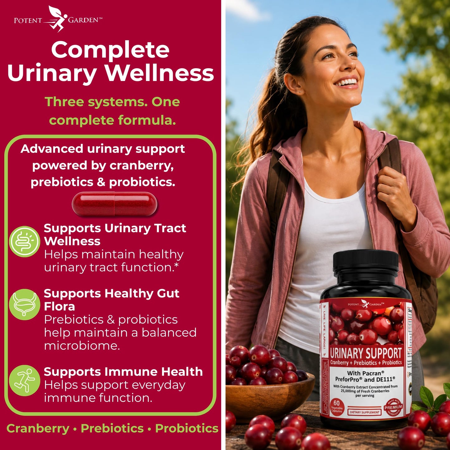 Potent Garden Urinary Support Women's Probiotic Cranberry Capsules, 60 Count