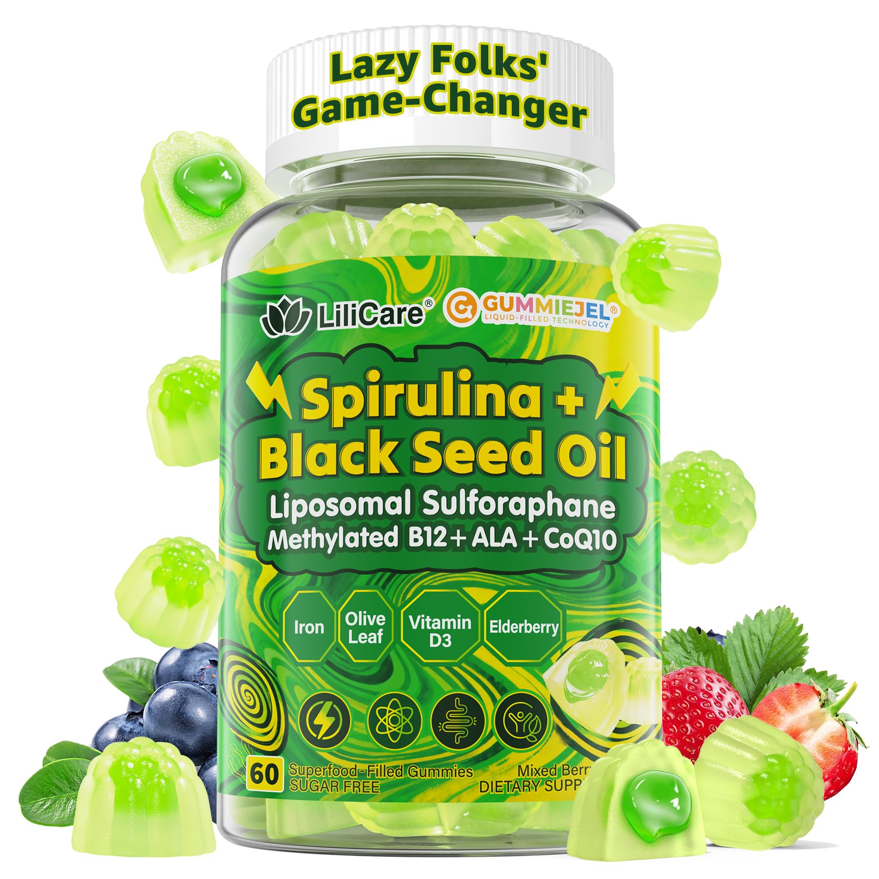 LILICARE Organic Spirulina + Black Seed Oil Gummies 60 Count