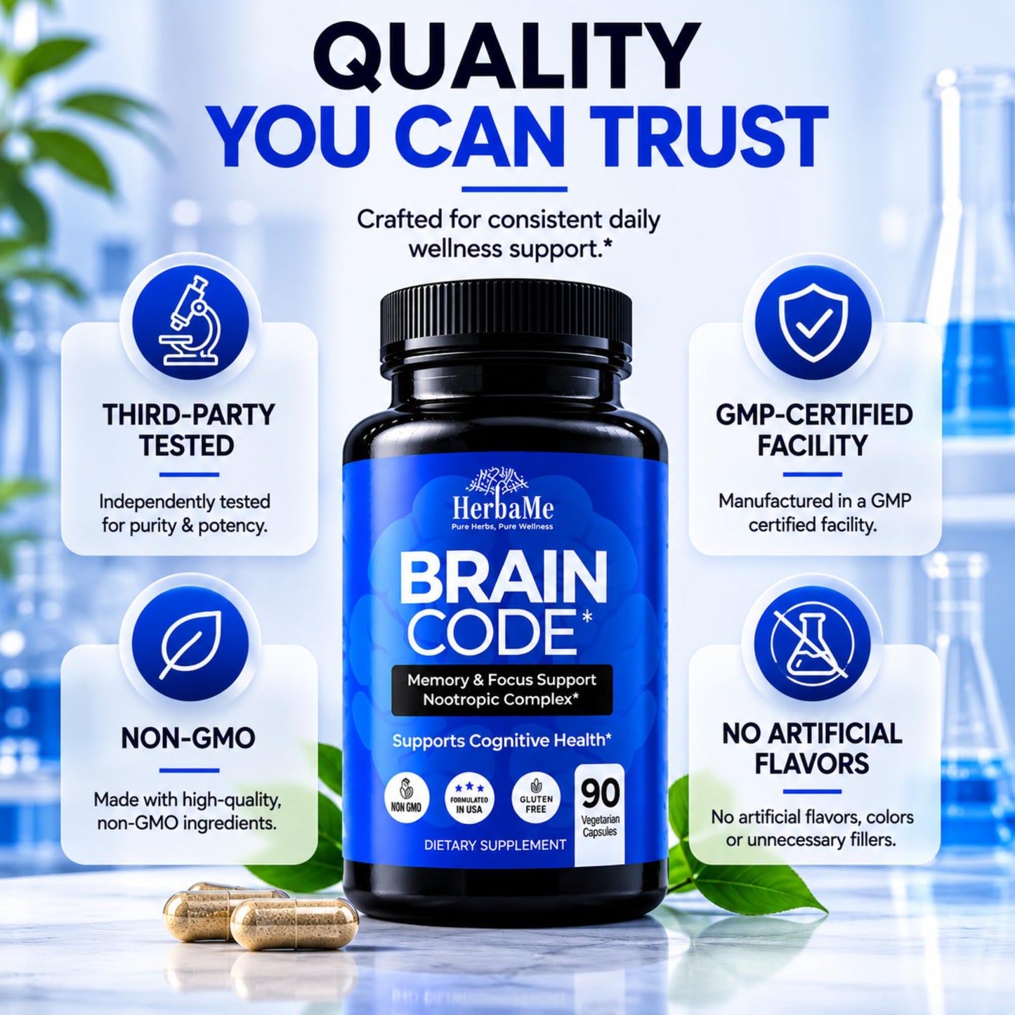 HerbaMe Nootropic Brain Supplement for Memory, Focus & Cognitive Support 90 Capsules