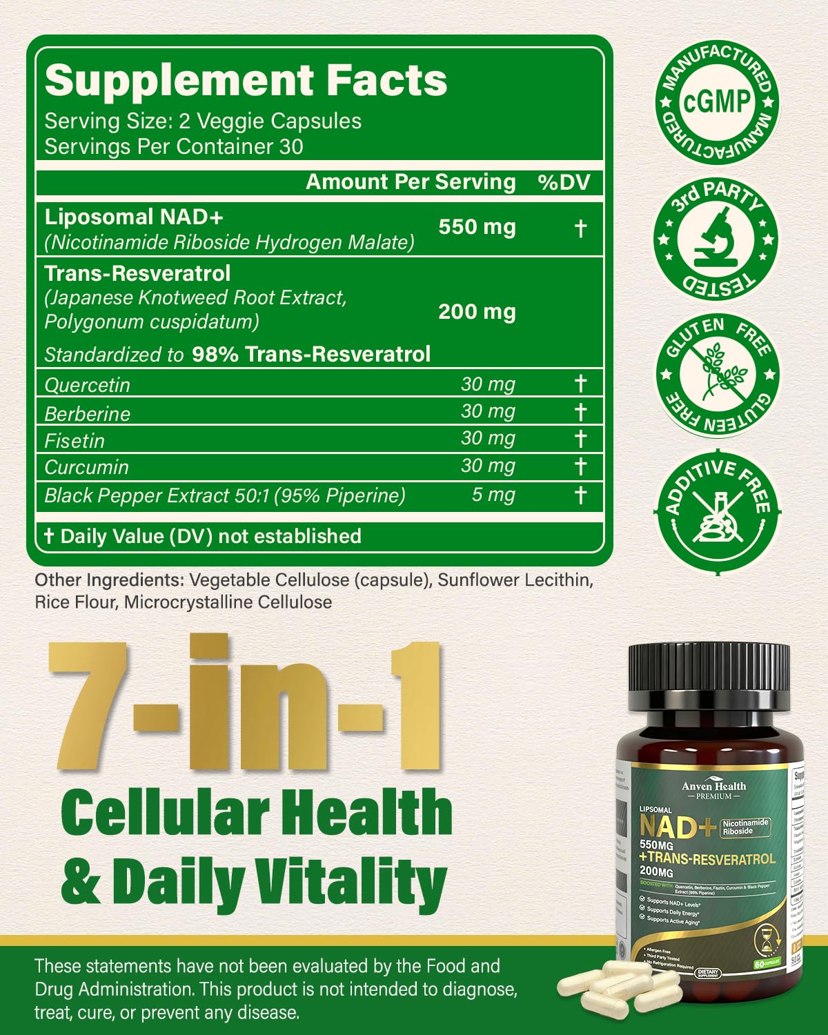 Anven Health Liposomal NAD+ Resveratrol NMN Alternative Cellular Energy Capsule, 60 Count