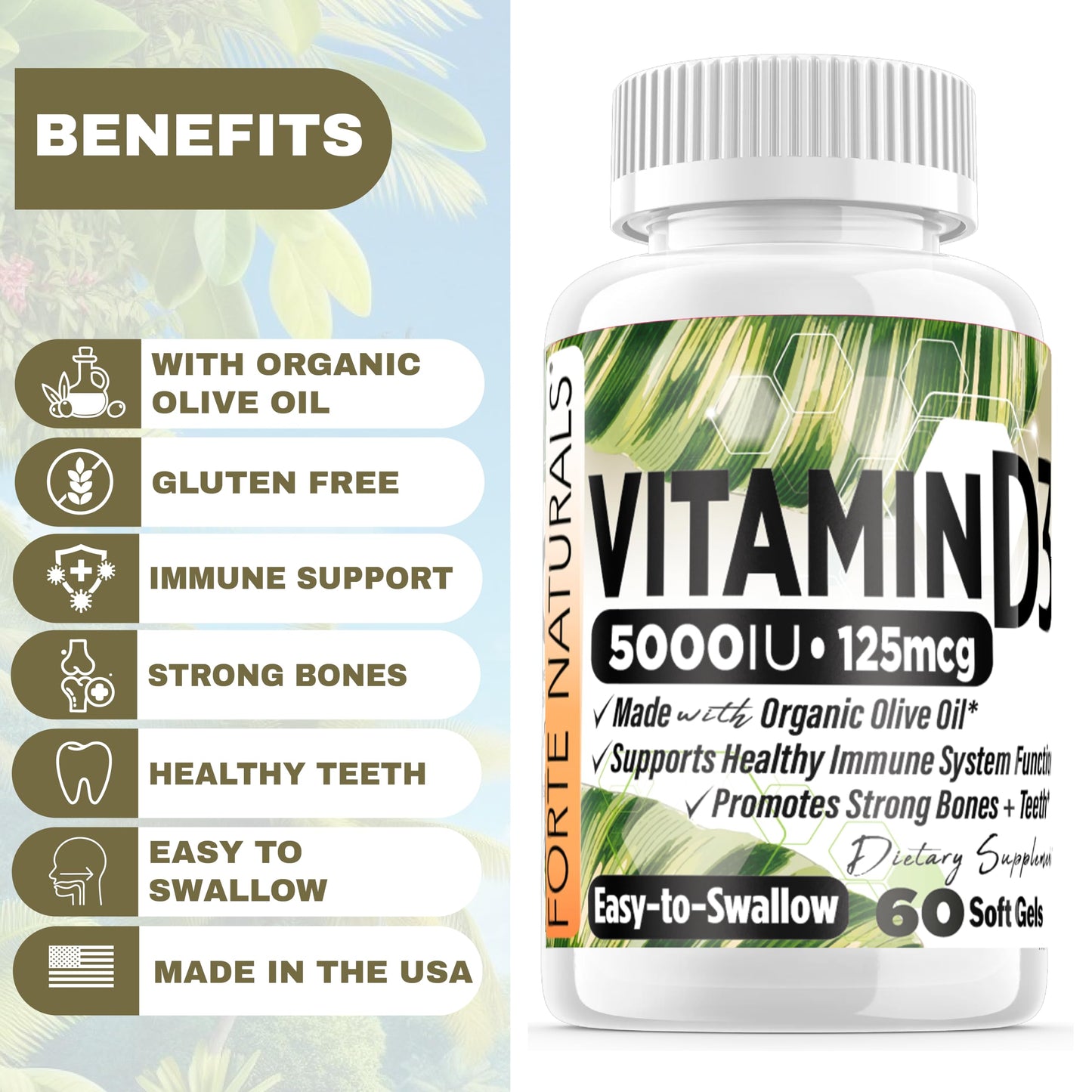 FORTE NATURALS Vitamin D3 5000 IU (125 mcg) Softgels 60 Count