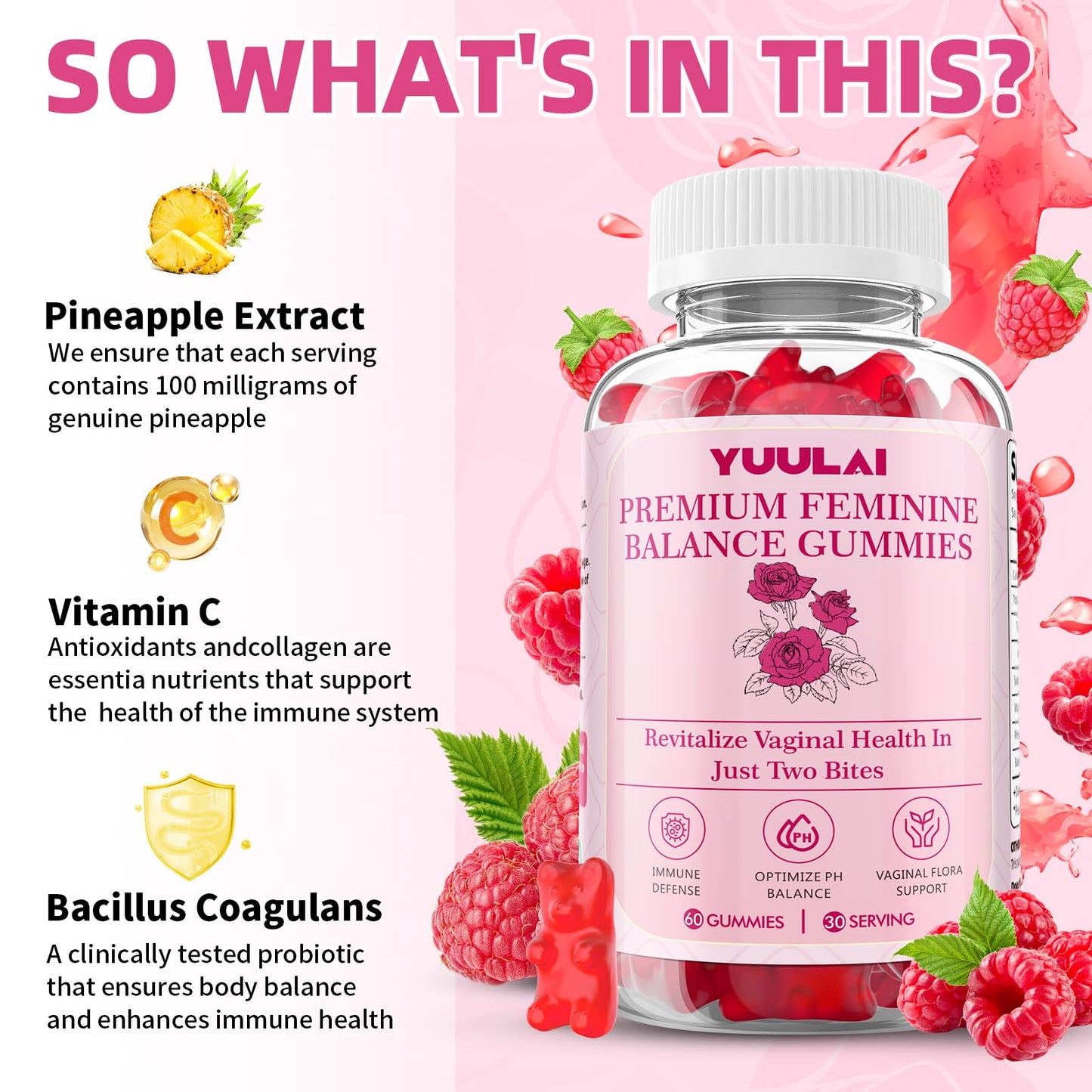 YUULAI Premium Feminine Balance Gummies, Hawaiian Pineapple, 60 Count
