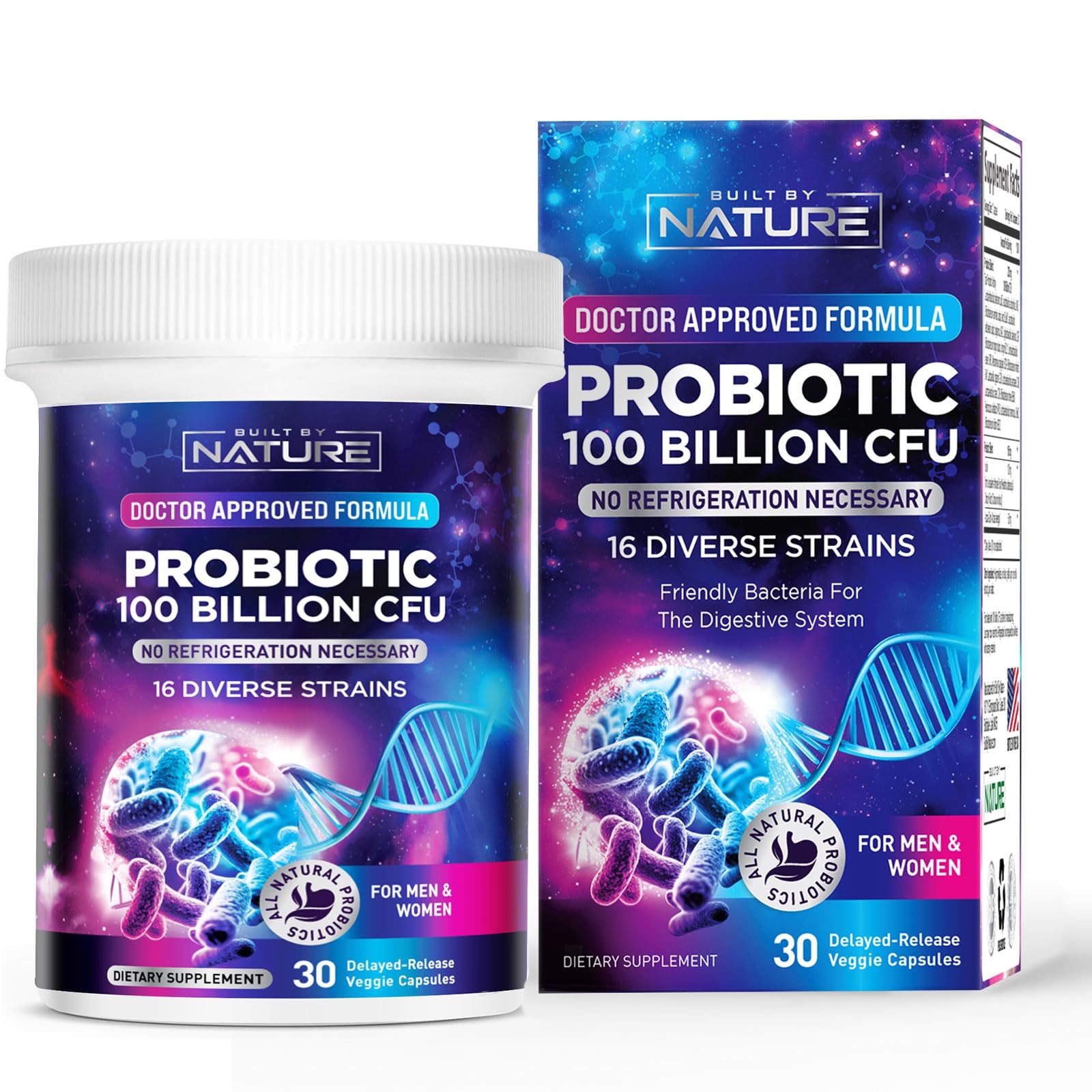 Built by Nature 100 Billion CFU Probiotic – 16 Strains + Prebiotics – Immune & Digestive Support – Delayed Release Capsules, Shelf Stable – 1 Month Supply, 30 Capsules