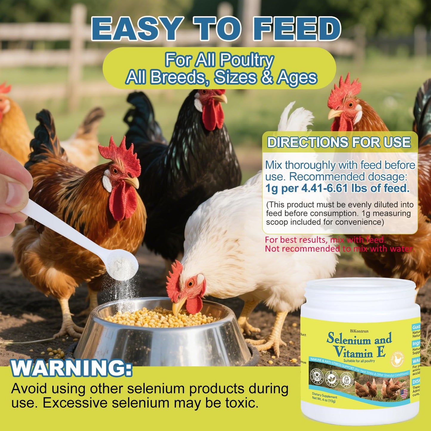 BiKontrun Selenium & Vitamin E Powder for Chickens, 1 Ounce (Pack of 1)