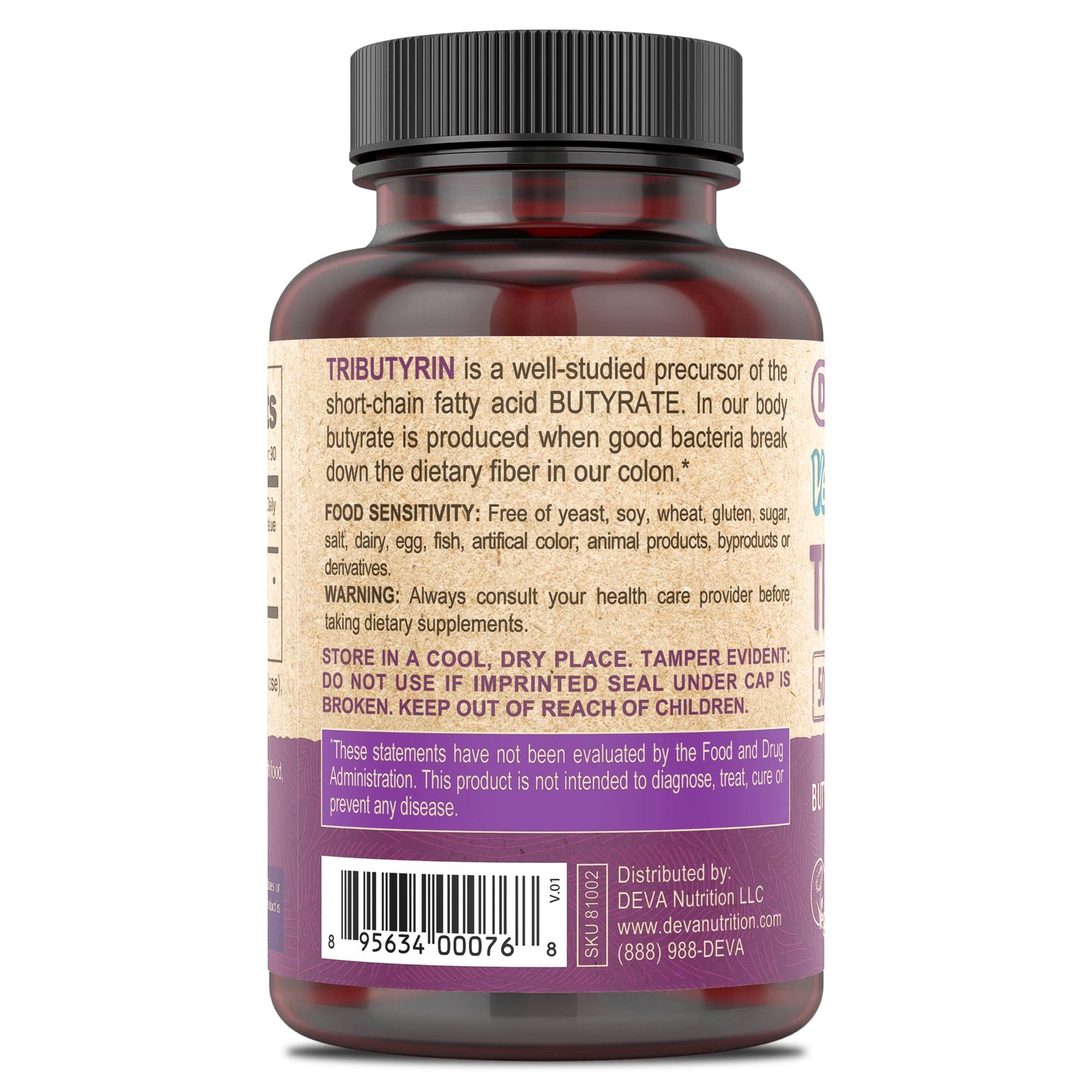 DEVA Vegan Tributyrin Supplement 500 mg Capsules, 90 Count