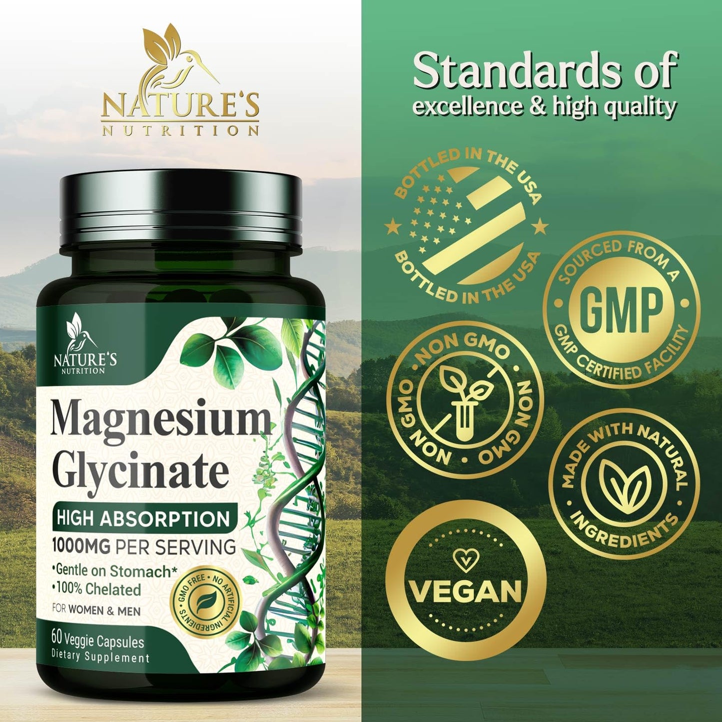 Nature's Nutrition Magnesium Glycinate 1000mg Capsules, 60 Count