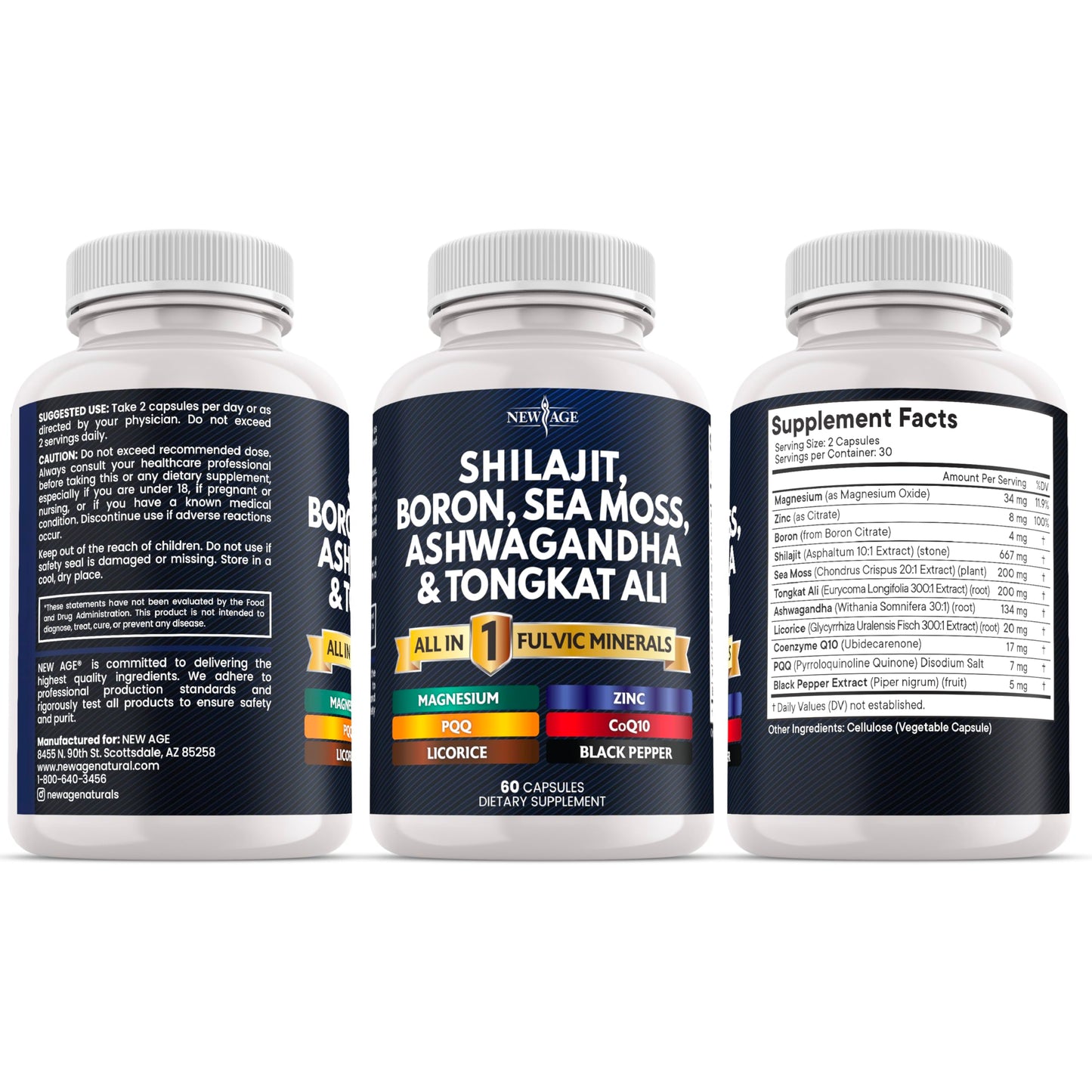 NEW AGE Shilajit Supplement with Sea Moss, Ashwagandha, Tongkat Ali, Boron, Magnesium - Fulvic Acid Capsules, 120 Capsules