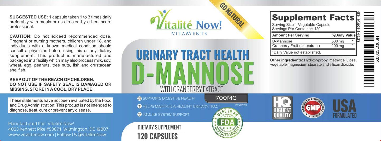 Vitalité Now! High Strength Pure D-Mannose with Cranberry Extract for UTIs, 120 Capsules