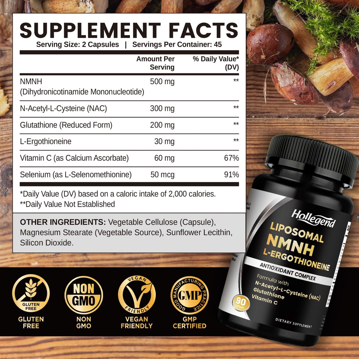HOLLEGEND Liposomal NMNH & Ergothioneine Supplement, 6 in 1 Complex with NAC, Glutathione, Vitamin C & Selenium, Antioxidant & Immune Support, 90 Capsules