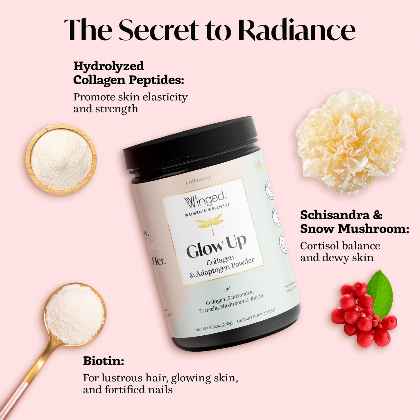 Winged Wellness Glow Up Collagen Powder for Women - Hair, Skin & Nails Beauty Supplement with Grass-Fed Hydrolyzed Collagen Peptides Adaptogens, Vitamin C & Biotin - 9.7 oz