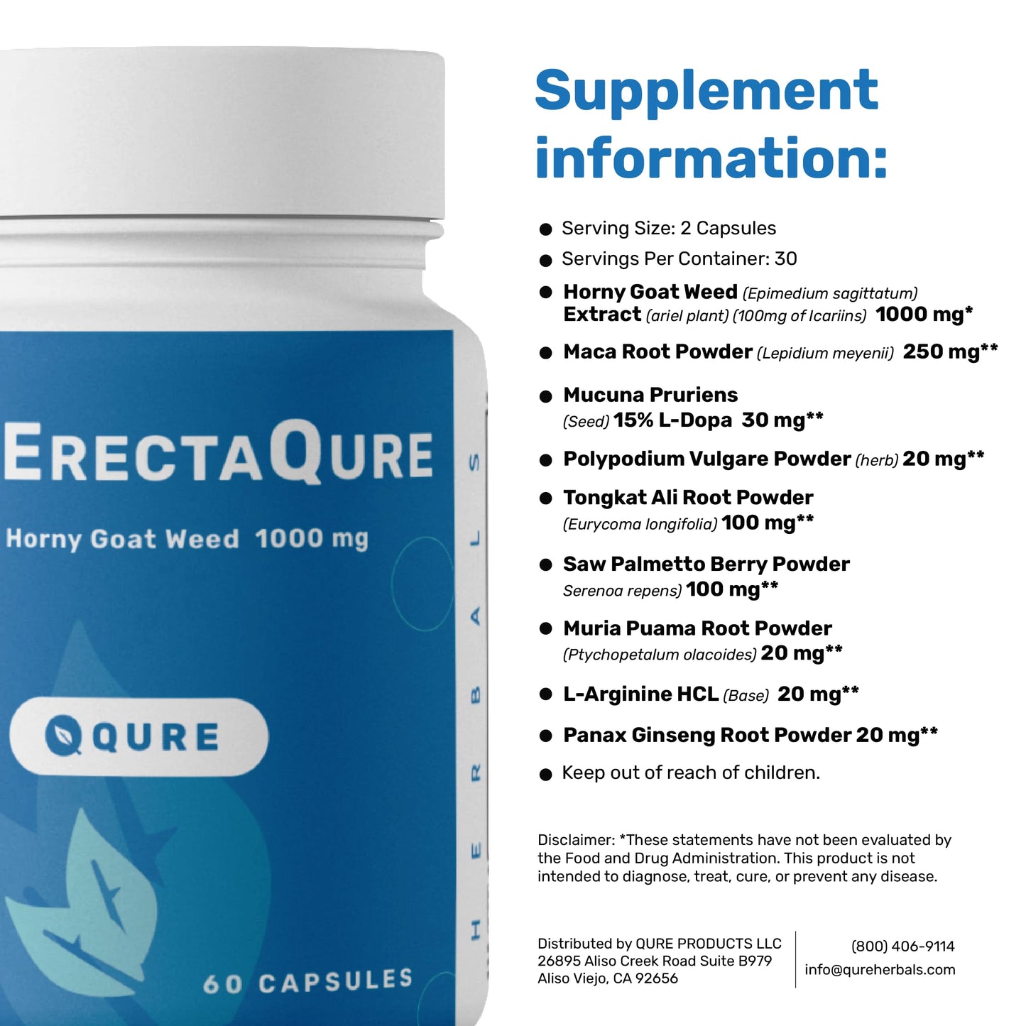 QurItAll ErectaQure Horny Goat Weed for Men - Male Enhancing Supplement for Increased Male Drive - Tongkat Ali, Ginseng Root & Superoxide Anions, 60 Capsules