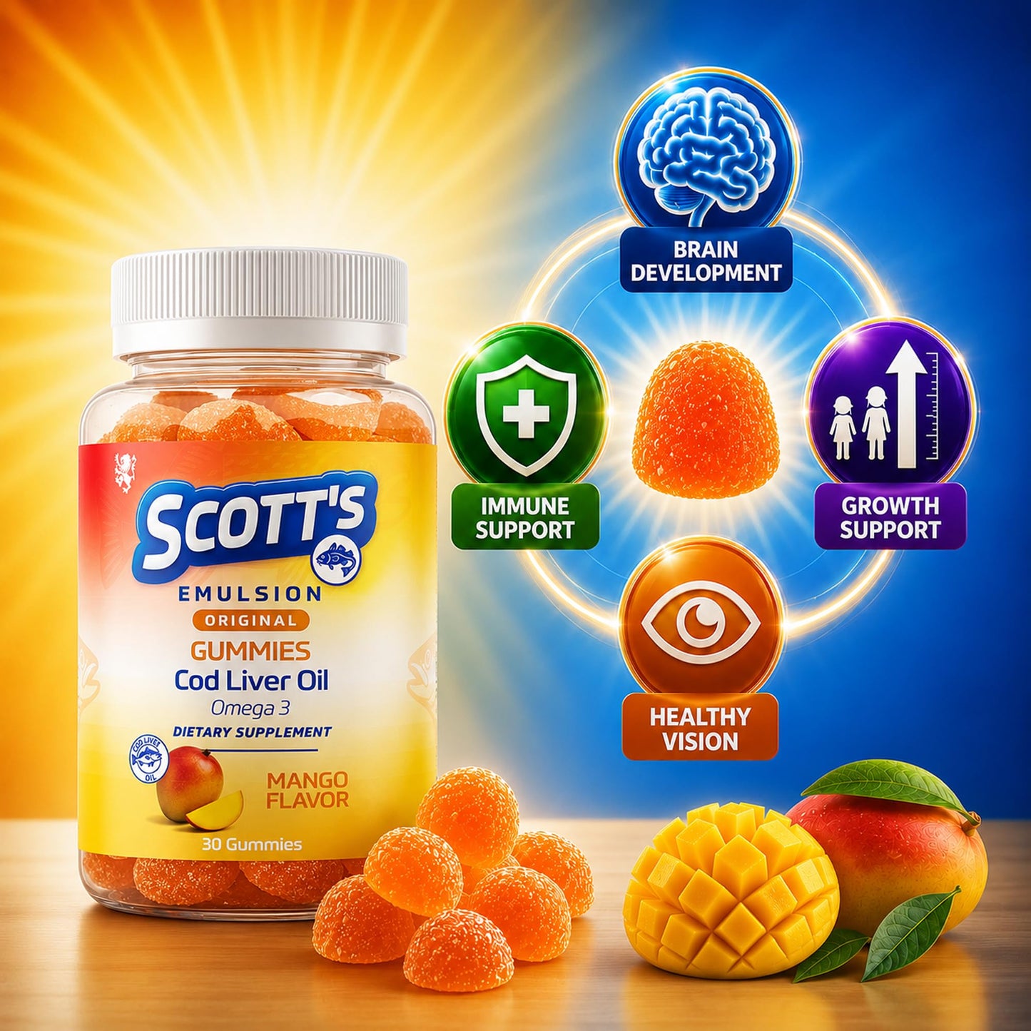 SCOTT'S EMULSION Cod Liver Oil Omega 3 Fish Oil Kids Gummies Mango 90 Count
