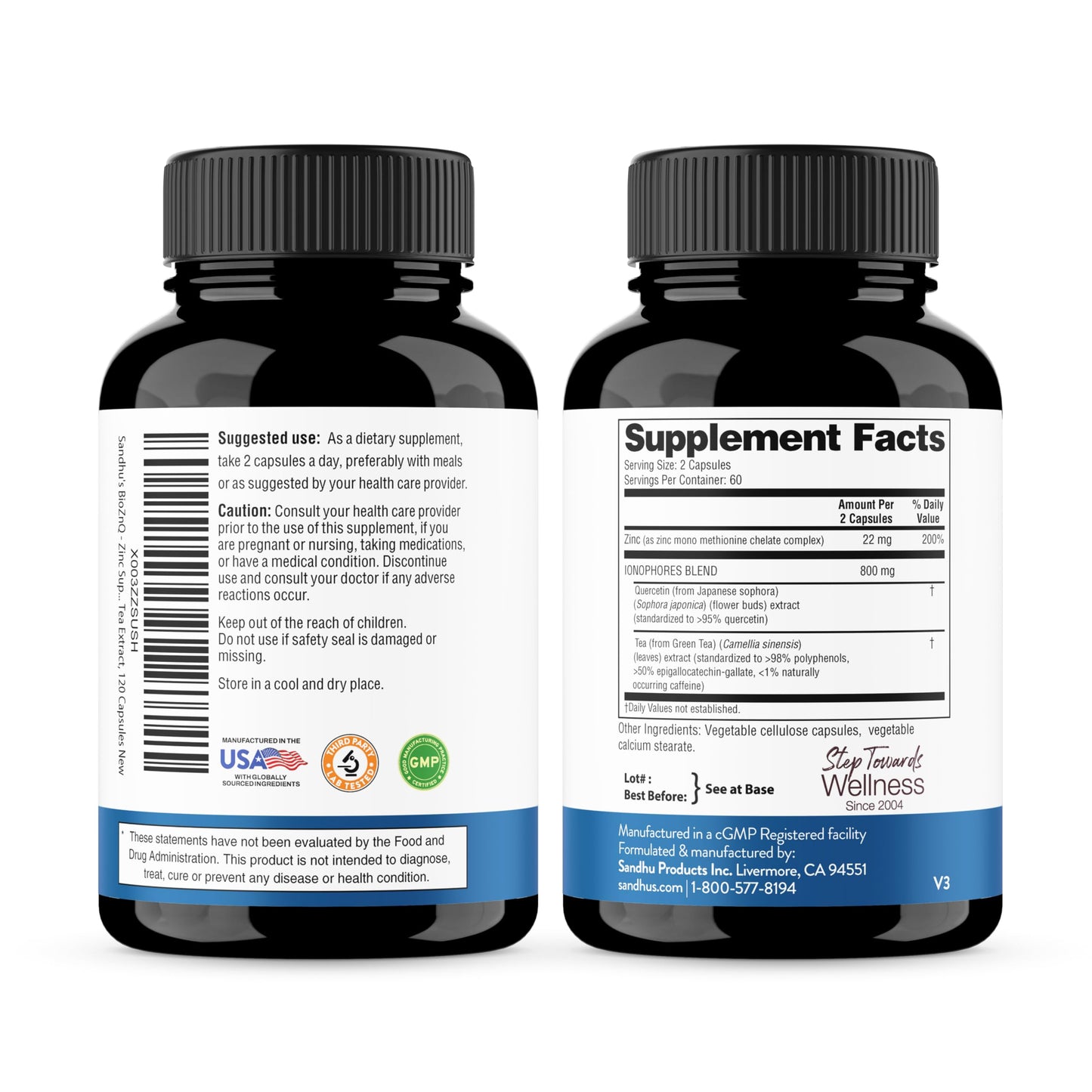 Sandhu's Zinc Supplement with Ionophores, Quercetin & Green Tea Extract, Capsules, 240 Count