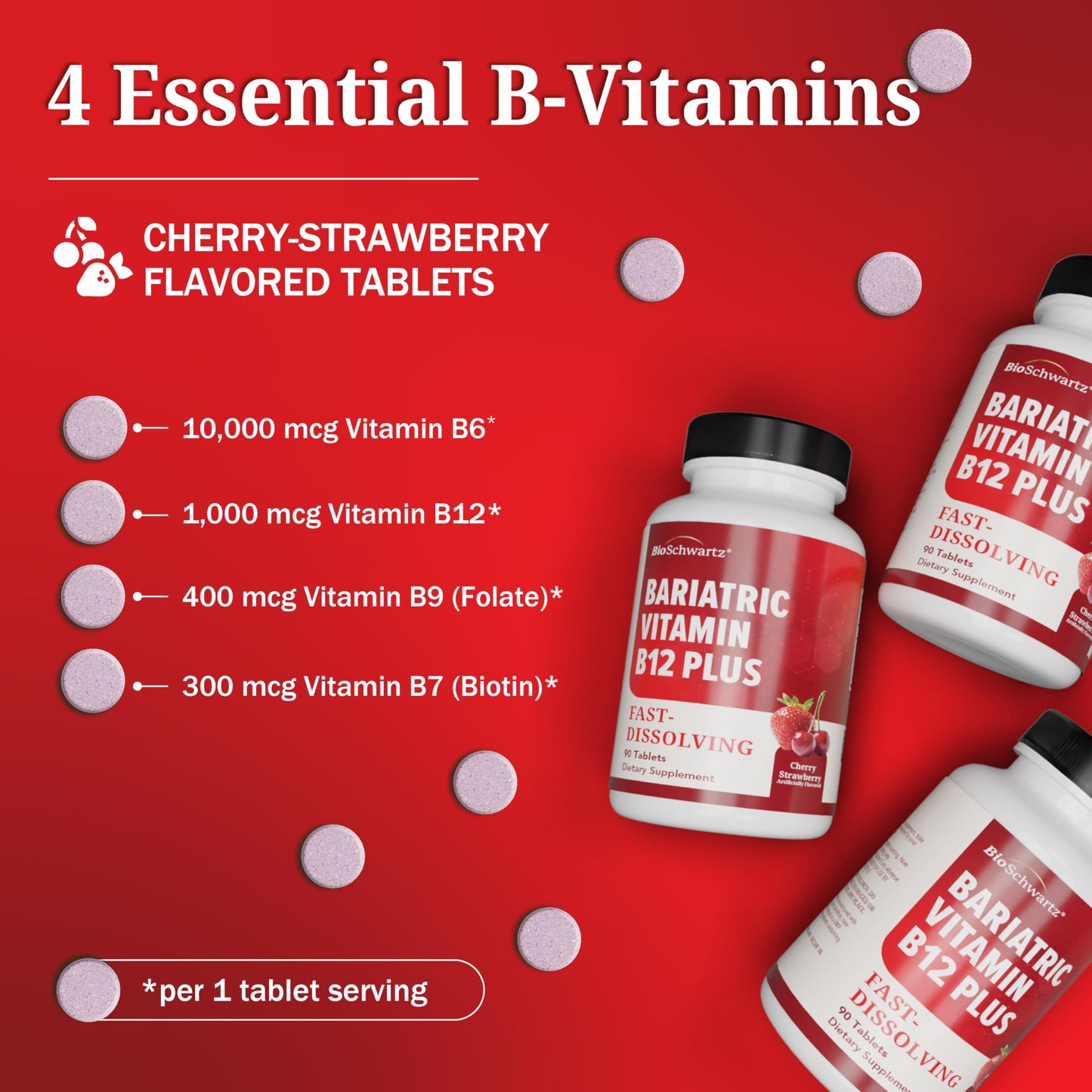 BioSchwartz Bariatric B12 Plus Dissolvable Tablets - 1000mcg Vitamin B12, Vitamin B6, Folate, Biotin, Cherry Strawberry Flavor, 90 Tablets